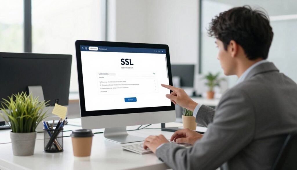 A modern office workspace featuring a desktop computer displaying a digital certificate for SSL installation on the screen. In the foreground, a focused individual in professional attire, such as a blazer and dress shirt, sits at the desk, intently studying a step-by-step guide on obtaining and installing an SSL certificate. The middle ground includes a well-organized workspace with notes, a coffee cup, and a potted plant, reflecting a productive environment. The background showcases a bright, airy office with large windows letting in natural light, enhancing the sense of clarity and professionalism. The mood is optimistic and tech-savvy, with a hint of motivation and purpose, perfectly encapsulating the theme of digital security. A modern office workspace featuring a desktop computer displaying a digital certificate for SSL installation on the screen. In the foreground, a focused individual in professional attire, such as a blazer and dress shirt, sits at the desk, intently studying a step-by-step guide on obtaining and installing an SSL certificate. The middle ground includes a well-organized workspace with notes, a coffee cup, and a potted plant, reflecting a productive environment. The background showcases a bright, airy office with large windows letting in natural light, enhancing the sense of clarity and professionalism. The mood is optimistic and tech-savvy, with a hint of motivation and purpose, perfectly encapsulating the theme of digital security.