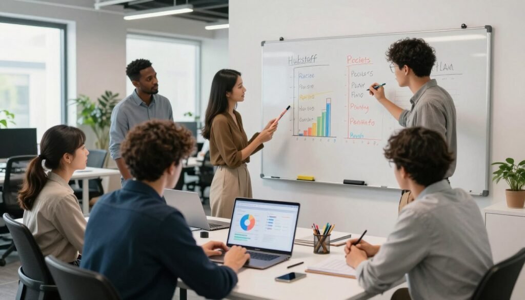 A modern office workspace filled with a diverse team collaborating effectively. In the foreground, a mix of professionals in business casual attire are engaged in discussion, analyzing charts and pricing models displayed on a laptop screen. In the middle ground, a large whiteboard features graphs and pricing tiers of Hubstaff’s plans, created with colorful markers for clarity. The background shows a bright, open office environment with large windows allowing natural light to filter in, plants adding a touch of greenery. The mood is focused and dynamic, emphasizing teamwork and productivity. The setting is well-lit with soft, diffused lighting to create an inviting atmosphere. A modern office workspace filled with a diverse team collaborating effectively. In the foreground, a mix of professionals in business casual attire are engaged in discussion, analyzing charts and pricing models displayed on a laptop screen. In the middle ground, a large whiteboard features graphs and pricing tiers of Hubstaff’s plans, created with colorful markers for clarity. The background shows a bright, open office environment with large windows allowing natural light to filter in, plants adding a touch of greenery. The mood is focused and dynamic, emphasizing teamwork and productivity. The setting is well-lit with soft, diffused lighting to create an inviting atmosphere.