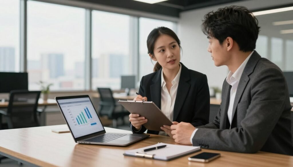 A modern office workspace with a sleek wooden desk in the foreground, featuring a laptop open to a graph displaying various B2B subscription plans. On the desk, a stylish notepad and a pen lie next to a smartphone. In the middle ground, a confident professional woman in smart business attire, holding a clipboard, is discussing plans with a male colleague in a blazer, both engaged in a conversation. The background reveals a minimalist office with large windows showcasing a cityscape under soft morning light, creating an inviting atmosphere. The image conveys a sense of collaboration and analysis, reflecting professional growth in B2B prospecting. Use a slight depth of field to focus on the subjects while softly blurring the background, creating an engaging and informative ambiance. A modern office workspace with a sleek wooden desk in the foreground, featuring a laptop open to a graph displaying various B2B subscription plans. On the desk, a stylish notepad and a pen lie next to a smartphone. In the middle ground, a confident professional woman in smart business attire, holding a clipboard, is discussing plans with a male colleague in a blazer, both engaged in a conversation. The background reveals a minimalist office with large windows showcasing a cityscape under soft morning light, creating an inviting atmosphere. The image conveys a sense of collaboration and analysis, reflecting professional growth in B2B prospecting. Use a slight depth of field to focus on the subjects while softly blurring the background, creating an engaging and informative ambiance.