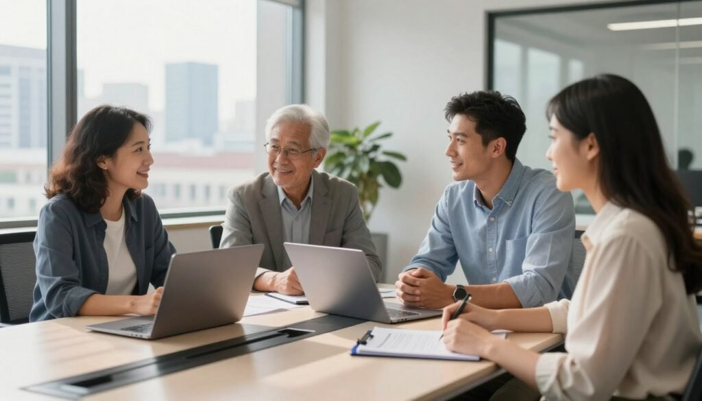 A modern, professional office setting featuring a diverse group of four individuals—a middle-aged woman, a young man, a senior gentleman, and a young woman—engaged in a productive discussion about their experiences with InMotion hosting services. The foreground shows them gathered around a sleek conference table equipped with laptops and documents, showcasing an atmosphere of collaboration and satisfaction. In the middle ground, a large window allows natural light to pour in, illuminating the team and casting soft shadows. In the background, a city skyline adds context to their workplace, suggesting a thriving business environment. The mood is positive and empowering, reflecting trust and appreciation for InMotion. The composition captures an angle that highlights their interactions while maintaining a professional appearance, with individuals dressed in business casual attire. A modern, professional office setting featuring a diverse group of four individuals—a middle-aged woman, a young man, a senior gentleman, and a young woman—engaged in a productive discussion about their experiences with InMotion hosting services. The foreground shows them gathered around a sleek conference table equipped with laptops and documents, showcasing an atmosphere of collaboration and satisfaction. In the middle ground, a large window allows natural light to pour in, illuminating the team and casting soft shadows. In the background, a city skyline adds context to their workplace, suggesting a thriving business environment. The mood is positive and empowering, reflecting trust and appreciation for InMotion. The composition captures an angle that highlights their interactions while maintaining a professional appearance, with individuals dressed in business casual attire.