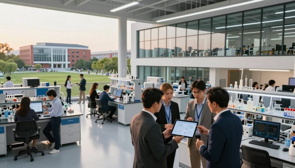 A modern research facility bustling with activity, showcasing advanced infrastructures such as sleek laboratories, high-tech equipment, and collaborative spaces. In the foreground, a diverse group of professionals in business attire engages in a lively discussion, examining a digital tablet displaying innovative ideas. The middle ground features dynamic architecture with large glass windows allowing natural light to flood the space, highlighting the creative atmosphere. In the background, a vibrant university campus with green landscapes and students working together emphasizes the synergy between academia and innovation. The scene is captured during golden hour, with soft, warm lighting creating a welcoming and inspiring environment. The overall mood is one of collaboration, discovery, and opportunity, symbolizing the bridge between university research and entrepreneurial ventures. A modern research facility bustling with activity, showcasing advanced infrastructures such as sleek laboratories, high-tech equipment, and collaborative spaces. In the foreground, a diverse group of professionals in business attire engages in a lively discussion, examining a digital tablet displaying innovative ideas. The middle ground features dynamic architecture with large glass windows allowing natural light to flood the space, highlighting the creative atmosphere. In the background, a vibrant university campus with green landscapes and students working together emphasizes the synergy between academia and innovation. The scene is captured during golden hour, with soft, warm lighting creating a welcoming and inspiring environment. The overall mood is one of collaboration, discovery, and opportunity, symbolizing the bridge between university research and entrepreneurial ventures.
