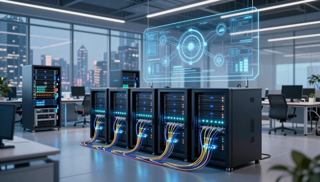 A modern, scalable network infrastructure setup in an elegant, high-tech office environment. In the foreground, sleek servers with illuminated LED indicators, connected by glowing fiber optic cables. The middle ground features network racks filled with advanced networking equipment, while network diagrams and analytics are displayed on large transparency screens. In the background, a panoramic view of a bustling cityscape through glass walls, representing connectivity and growth. Soft, ambient lighting enhances the futuristic atmosphere, highlighting the innovative technology. The scene is captured from a low angle to emphasize the stature of the infrastructure. The mood is professional and progressive, symbolizing the comprehensive digital infrastructure solutions suitable for modern businesses. A modern, scalable network infrastructure setup in an elegant, high-tech office environment. In the foreground, sleek servers with illuminated LED indicators, connected by glowing fiber optic cables. The middle ground features network racks filled with advanced networking equipment, while network diagrams and analytics are displayed on large transparency screens. In the background, a panoramic view of a bustling cityscape through glass walls, representing connectivity and growth. Soft, ambient lighting enhances the futuristic atmosphere, highlighting the innovative technology. The scene is captured from a low angle to emphasize the stature of the infrastructure. The mood is professional and progressive, symbolizing the comprehensive digital infrastructure solutions suitable for modern businesses.
