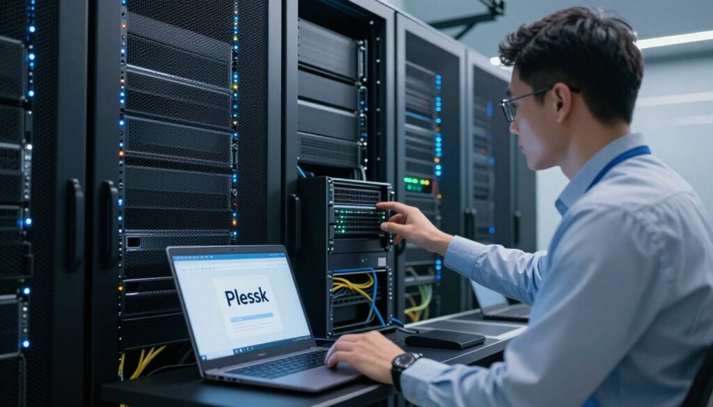 A modern server room with multiple high-tech servers illuminated by cool LED lighting, showcasing a professional IT technician in business attire setting up Plesk on a laptop connected to one of the servers. In the foreground, the laptop screen displays the Plesk installation interface, while in the middle ground, the technician carefully examines the server configuration. The background features server racks with blinking lights and cables, creating a sense of a bustling tech environment. The scene is well-lit, conveying an atmosphere of focus and professionalism. The angle captures both the technician and the server equipment, emphasizing the installation process. A modern server room with multiple high-tech servers illuminated by cool LED lighting, showcasing a professional IT technician in business attire setting up Plesk on a laptop connected to one of the servers. In the foreground, the laptop screen displays the Plesk installation interface, while in the middle ground, the technician carefully examines the server configuration. The background features server racks with blinking lights and cables, creating a sense of a bustling tech environment. The scene is well-lit, conveying an atmosphere of focus and professionalism. The angle captures both the technician and the server equipment, emphasizing the installation process.