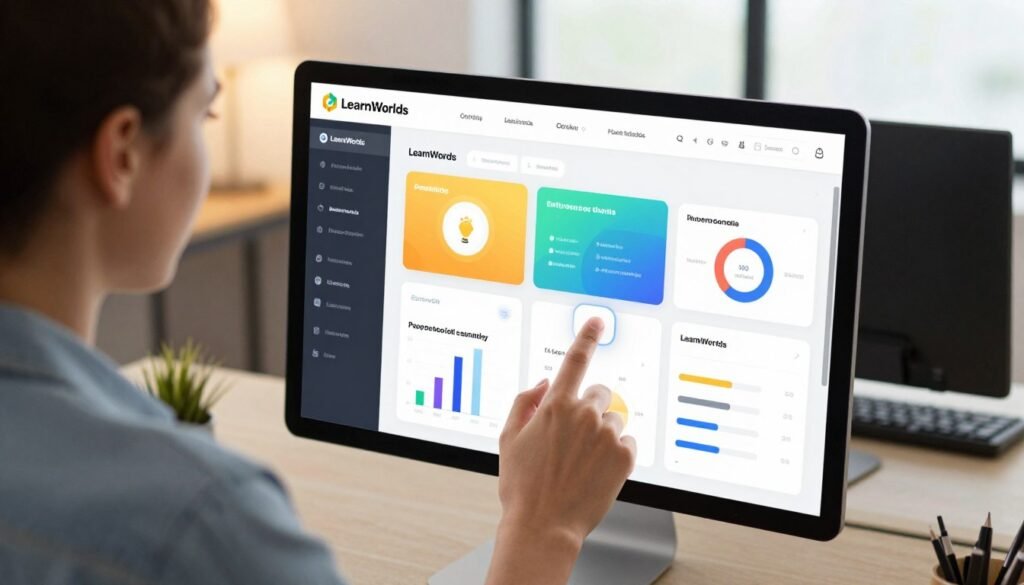 A modern, sleek LearnWorlds dashboard interface displayed on a high-resolution screen. In the foreground, a professional user interacts with the interface, finger poised over a virtual button, wearing smart casual attire. The middle ground showcases a vibrant array of interactive modules and user-friendly analytics graphs, using a clean, intuitive design. The background features a professional workspace with soft, warm lighting, enhancing the inviting atmosphere. A large window allows natural light to flood in, creating an engaging and productive environment. The lens captures the scene from a slightly elevated angle, drawing attention to the ease of use and modernity of the interface, emphasizing a mood of efficiency and empowerment in online learning. The overall image should be bright and inviting, reflecting a positive learning experience. A modern, sleek LearnWorlds dashboard interface displayed on a high-resolution screen. In the foreground, a professional user interacts with the interface, finger poised over a virtual button, wearing smart casual attire. The middle ground showcases a vibrant array of interactive modules and user-friendly analytics graphs, using a clean, intuitive design. The background features a professional workspace with soft, warm lighting, enhancing the inviting atmosphere. A large window allows natural light to flood in, creating an engaging and productive environment. The lens captures the scene from a slightly elevated angle, drawing attention to the ease of use and modernity of the interface, emphasizing a mood of efficiency and empowerment in online learning. The overall image should be bright and inviting, reflecting a positive learning experience.