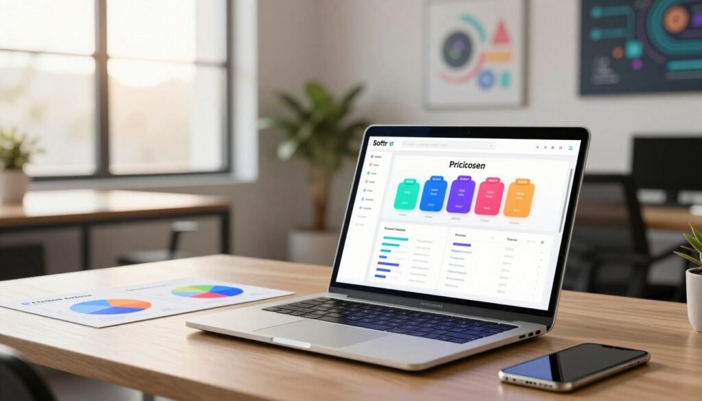 A modern, sleek digital workspace showcasing no-code pricing plans for a platform like Softr. In the foreground, an elegant laptop with an open screen displaying a colorful dashboard of different pricing tiers, clearly labeled and graphically appealing. On the desk, there are visual elements like pie charts and infographics highlighting key features of the service, along with a stylish smartphone beside it. In the middle ground, a light and airy office environment with large windows letting in soft daylight, creating a warm atmosphere. The background features abstract tech-related art and a potted plant for a touch of nature. The scene conveys a professional yet inviting mood, ideal for a business audience exploring platform options. The image is focused, well-lit, with depth of field emphasizing the foreground elements. A modern, sleek digital workspace showcasing no-code pricing plans for a platform like Softr. In the foreground, an elegant laptop with an open screen displaying a colorful dashboard of different pricing tiers, clearly labeled and graphically appealing. On the desk, there are visual elements like pie charts and infographics highlighting key features of the service, along with a stylish smartphone beside it. In the middle ground, a light and airy office environment with large windows letting in soft daylight, creating a warm atmosphere. The background features abstract tech-related art and a potted plant for a touch of nature. The scene conveys a professional yet inviting mood, ideal for a business audience exploring platform options. The image is focused, well-lit, with depth of field emphasizing the foreground elements.