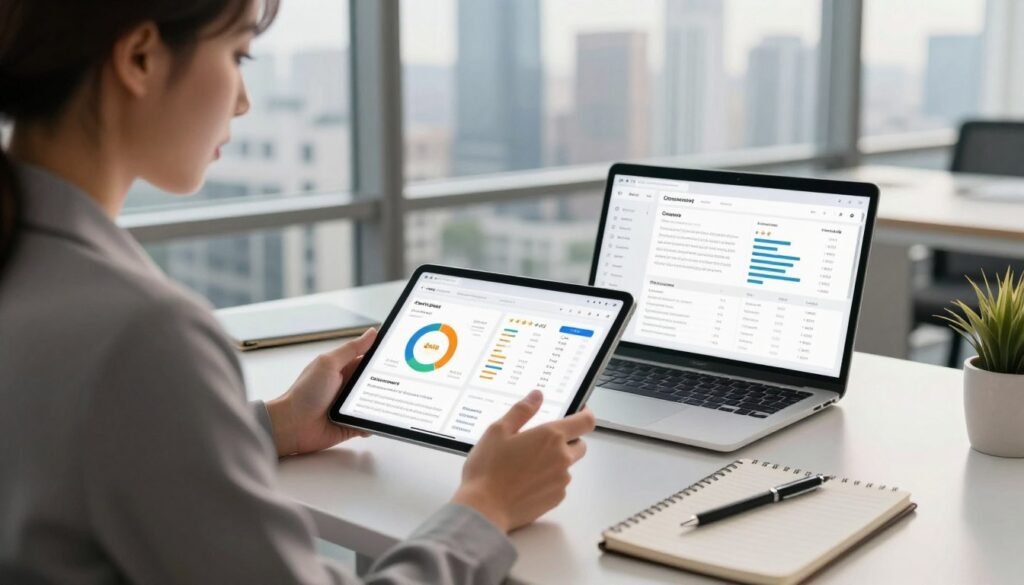 A modern, sleek office environment filled with analytical tools and charts depicting customer reviews. In the foreground, a professional-looking businesswoman in business attire examines a tablet with visible graphs and statistics displaying positive and negative customer feedback regarding "doola." In the middle, a stylish desk with a laptop open to a customer feedback dashboard, along with a notepad and pen. The background features large windows with a view of a city skyline, bathed in soft, natural light. The atmosphere is focused and analytical, conveying a sense of professionalism, insight, and engagement in reviewing customer opinions. The lighting should be warm yet bright, enhancing clarity and attention to detail. A modern, sleek office environment filled with analytical tools and charts depicting customer reviews. In the foreground, a professional-looking businesswoman in business attire examines a tablet with visible graphs and statistics displaying positive and negative customer feedback regarding "doola." In the middle, a stylish desk with a laptop open to a customer feedback dashboard, along with a notepad and pen. The background features large windows with a view of a city skyline, bathed in soft, natural light. The atmosphere is focused and analytical, conveying a sense of professionalism, insight, and engagement in reviewing customer opinions. The lighting should be warm yet bright, enhancing clarity and attention to detail.
