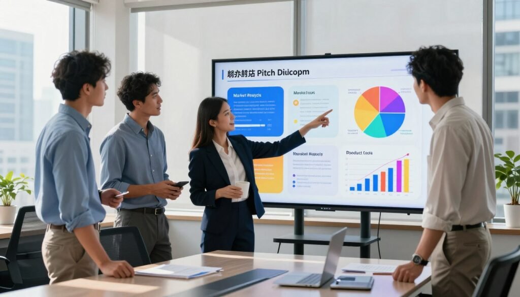 A modern, sleek office setting portrays an engaging pitch deck presentation. In the foreground, a diverse group of three professionals—two men and one woman—stand around a glossy table, reviewing a vibrant digital slide displayed on a large screen. The woman, dressed in smart business attire, points at key visuals on the presentation with enthusiasm. The middle ground highlights colorful graphics and diagrams on the screen that outline essential elements of a startup pitch deck, such as market analysis, product features, and financial projections. The background features a large window with natural light flooding in, casting soft shadows, and showcasing a bustling cityscape. The atmosphere is professional and dynamic, conveying an exciting and collaborative mood ideal for innovation and startup success. A modern, sleek office setting portrays an engaging pitch deck presentation. In the foreground, a diverse group of three professionals—two men and one woman—stand around a glossy table, reviewing a vibrant digital slide displayed on a large screen. The woman, dressed in smart business attire, points at key visuals on the presentation with enthusiasm. The middle ground highlights colorful graphics and diagrams on the screen that outline essential elements of a startup pitch deck, such as market analysis, product features, and financial projections. The background features a large window with natural light flooding in, casting soft shadows, and showcasing a bustling cityscape. The atmosphere is professional and dynamic, conveying an exciting and collaborative mood ideal for innovation and startup success.