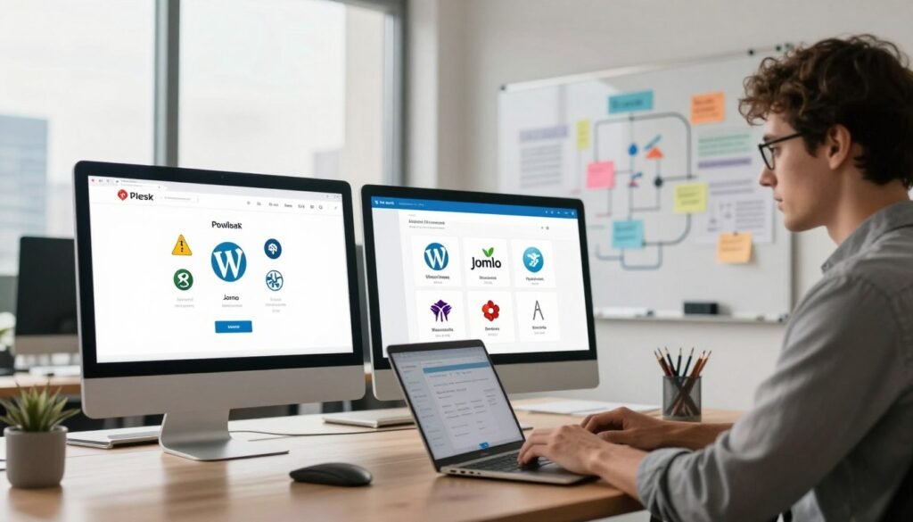 A modern, sleek office workspace featuring a computer screen displaying the Plesk interface for website development, surrounded by imagery of popular CMS icons like WordPress, Joomla, and Drupal. In the foreground, a focused professional, dressed in smart casual attire, is typing on a laptop, absorbed in their work. In the middle ground, a large whiteboard filled with colorful diagrams and notes about web development processes, showcasing a collaborative environment. The background features a large window with a view of a city skyline, bathed in soft natural light. The overall mood is productive and innovative, with soft, warm lighting creating a welcoming atmosphere, highlighting the intersection of technology and creativity in web management with Plesk. A modern, sleek office workspace featuring a computer screen displaying the Plesk interface for website development, surrounded by imagery of popular CMS icons like WordPress, Joomla, and Drupal. In the foreground, a focused professional, dressed in smart casual attire, is typing on a laptop, absorbed in their work. In the middle ground, a large whiteboard filled with colorful diagrams and notes about web development processes, showcasing a collaborative environment. The background features a large window with a view of a city skyline, bathed in soft natural light. The overall mood is productive and innovative, with soft, warm lighting creating a welcoming atmosphere, highlighting the intersection of technology and creativity in web management with Plesk.