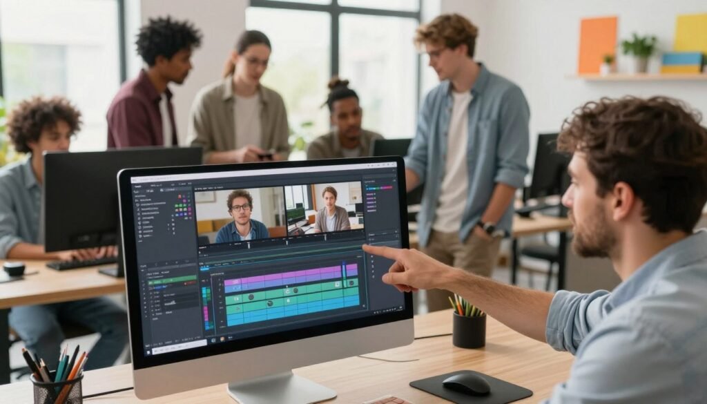 A modern, vibrant workspace showcasing online video editing features. In the foreground, a sleek computer screen displays a user-friendly video editing interface, complete with tools for cutting, trimming, and adding effects. The middle layer features a diverse group of professionals dressed in business casual attire, collaboratively discussing the editing process, with one person pointing at the screen. In the background, large windows let in natural light, illuminating a creative and energetic atmosphere. The setting is well-organized, with colorful decorations and tech gadgets, enhancing the feeling of innovation. Capture this scene from a slightly elevated angle to emphasize teamwork and engagement in video creation, conveying a sense of empowerment and creativity in the digital editing process. A modern, vibrant workspace showcasing online video editing features. In the foreground, a sleek computer screen displays a user-friendly video editing interface, complete with tools for cutting, trimming, and adding effects. The middle layer features a diverse group of professionals dressed in business casual attire, collaboratively discussing the editing process, with one person pointing at the screen. In the background, large windows let in natural light, illuminating a creative and energetic atmosphere. The setting is well-organized, with colorful decorations and tech gadgets, enhancing the feeling of innovation. Capture this scene from a slightly elevated angle to emphasize teamwork and engagement in video creation, conveying a sense of empowerment and creativity in the digital editing process.