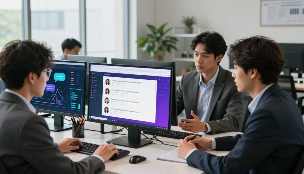 A modern, visually appealing digital workspace featuring a sleek computer with a vibrant screen displaying a live chat interface. In the foreground, a professional, diverse group of three individuals in business attire collaborates, analyzing customer interactions with enthusiasm. The middle ground shows additional screens showcasing AI analytics and customer satisfaction metrics, with graphical elements like chat bubbles and data charts. The background contains contemporary office decor, emphasizing a productive atmosphere, with soft natural lighting filtering through large windows. The mood is dynamic and engaging, capturing the essence of innovative customer service tools that blend human interaction with advanced AI technology. A modern, visually appealing digital workspace featuring a sleek computer with a vibrant screen displaying a live chat interface. In the foreground, a professional, diverse group of three individuals in business attire collaborates, analyzing customer interactions with enthusiasm. The middle ground shows additional screens showcasing AI analytics and customer satisfaction metrics, with graphical elements like chat bubbles and data charts. The background contains contemporary office decor, emphasizing a productive atmosphere, with soft natural lighting filtering through large windows. The mood is dynamic and engaging, capturing the essence of innovative customer service tools that blend human interaction with advanced AI technology.