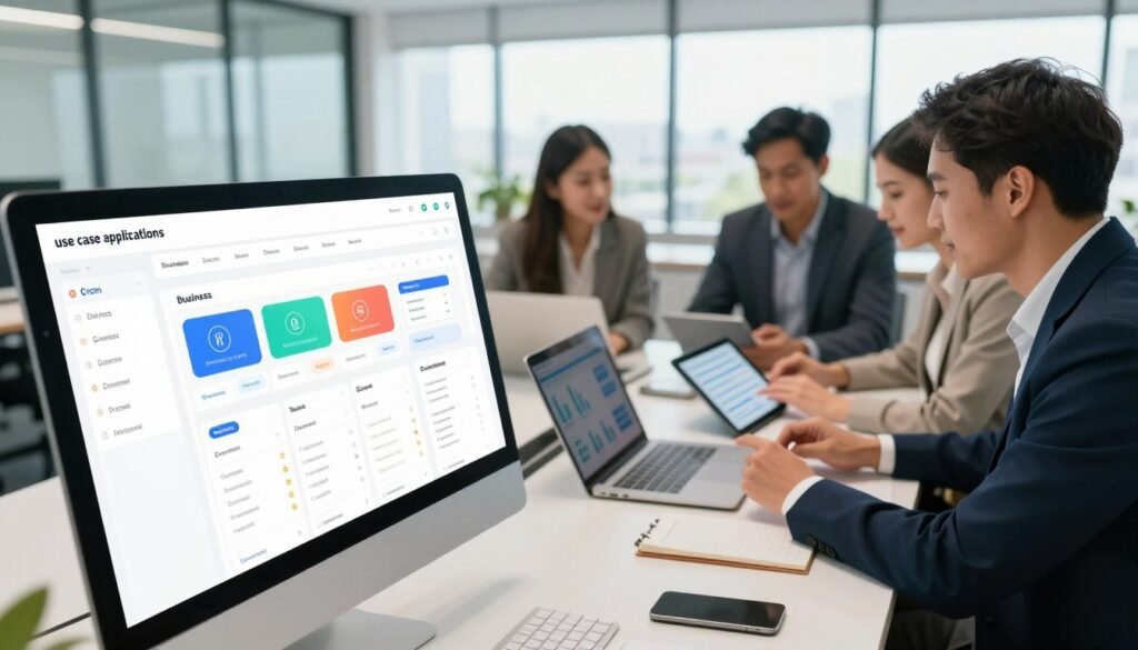 A modern web application interface showcasing "use case applications" in a vibrant, professional context. In the foreground, depict a computer screen displaying a colorful, user-friendly dashboard filled with various widgets representing business functionalities like project management and CRM tools. In the middle ground, a diverse group of three professionals, clad in business attire, collaborate around a sleek conference table, analyzing data on tablets and laptops. The background features an open office space with large windows allowing natural light to flood in, creating a bright and optimistic atmosphere. The perspective should be slightly from above, with a shallow depth of field to emphasize the screen and the professionals, capturing a moment of inspiration and innovation in the world of no-code web development. A modern web application interface showcasing "use case applications" in a vibrant, professional context. In the foreground, depict a computer screen displaying a colorful, user-friendly dashboard filled with various widgets representing business functionalities like project management and CRM tools. In the middle ground, a diverse group of three professionals, clad in business attire, collaborate around a sleek conference table, analyzing data on tablets and laptops. The background features an open office space with large windows allowing natural light to flood in, creating a bright and optimistic atmosphere. The perspective should be slightly from above, with a shallow depth of field to emphasize the screen and the professionals, capturing a moment of inspiration and innovation in the world of no-code web development.