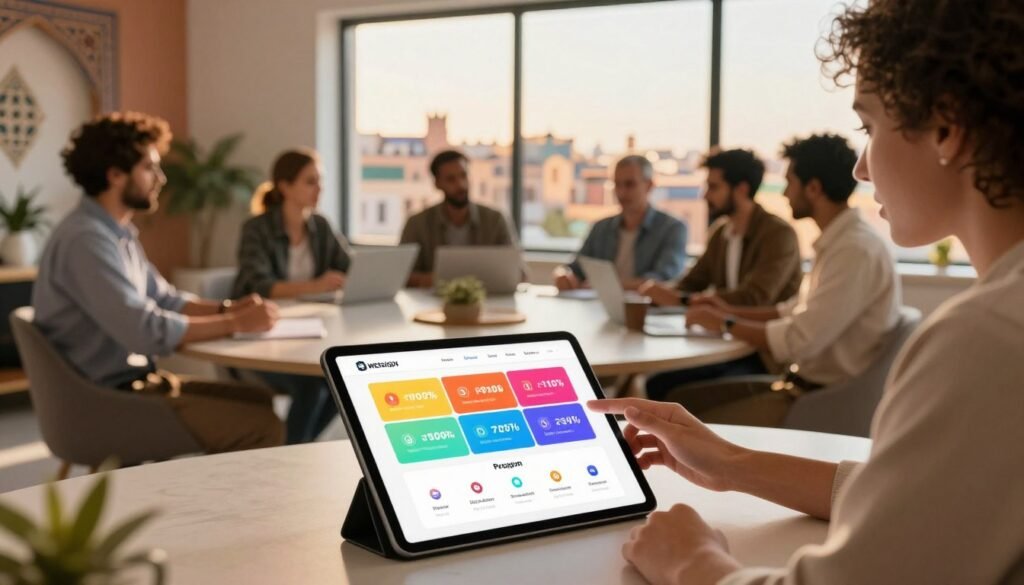 A modern web design office scene, showcasing a diverse team of professionals discussing website pricing plans. In the foreground, a sleek digital tablet displays various pricing tiers with vibrant, eye-catching visuals. The middle ground features a round table with a mix of people in professional attire, engaged in a focused discussion, with elements of Moroccan-inspired decor subtly integrated into the office space. The background includes a large window revealing a view of a bustling Moroccan cityscape bathed in warm, golden sunlight, suggesting a productive and inspiring atmosphere. Soft, diffused lighting enhances the inviting mood, while a slight depth of field brings attention to the team and pricing plans, highlighting the informative aspect of the image. A modern web design office scene, showcasing a diverse team of professionals discussing website pricing plans. In the foreground, a sleek digital tablet displays various pricing tiers with vibrant, eye-catching visuals. The middle ground features a round table with a mix of people in professional attire, engaged in a focused discussion, with elements of Moroccan-inspired decor subtly integrated into the office space. The background includes a large window revealing a view of a bustling Moroccan cityscape bathed in warm, golden sunlight, suggesting a productive and inspiring atmosphere. Soft, diffused lighting enhances the inviting mood, while a slight depth of field brings attention to the team and pricing plans, highlighting the informative aspect of the image.