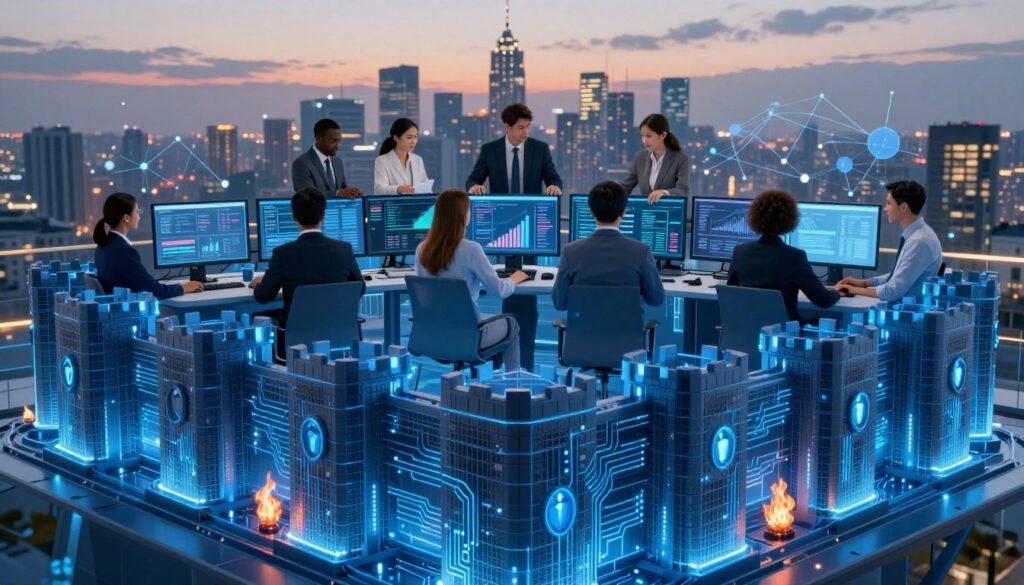 A modern web hosting security visual, showcasing a digital fortress in the foreground, made of glowing blue circuitry and firewalls, symbolizing advanced protection for websites. In the middle, display a diverse group of IT professionals in smart business attire, collaborating over screens with graphs indicating cybersecurity metrics. The background features a serene city skyline at dusk, with digital elements like network connections and data streams enhancing the tech atmosphere. Use soft, diffused lighting to create a professional yet inviting mood, highlighting the importance of security in web hosting. Capture the scene from a slightly elevated angle to emphasize the collaboration and technology. No text or logos should be present. A modern web hosting security visual, showcasing a digital fortress in the foreground, made of glowing blue circuitry and firewalls, symbolizing advanced protection for websites. In the middle, display a diverse group of IT professionals in smart business attire, collaborating over screens with graphs indicating cybersecurity metrics. The background features a serene city skyline at dusk, with digital elements like network connections and data streams enhancing the tech atmosphere. Use soft, diffused lighting to create a professional yet inviting mood, highlighting the importance of security in web hosting. Capture the scene from a slightly elevated angle to emphasize the collaboration and technology. No text or logos should be present.