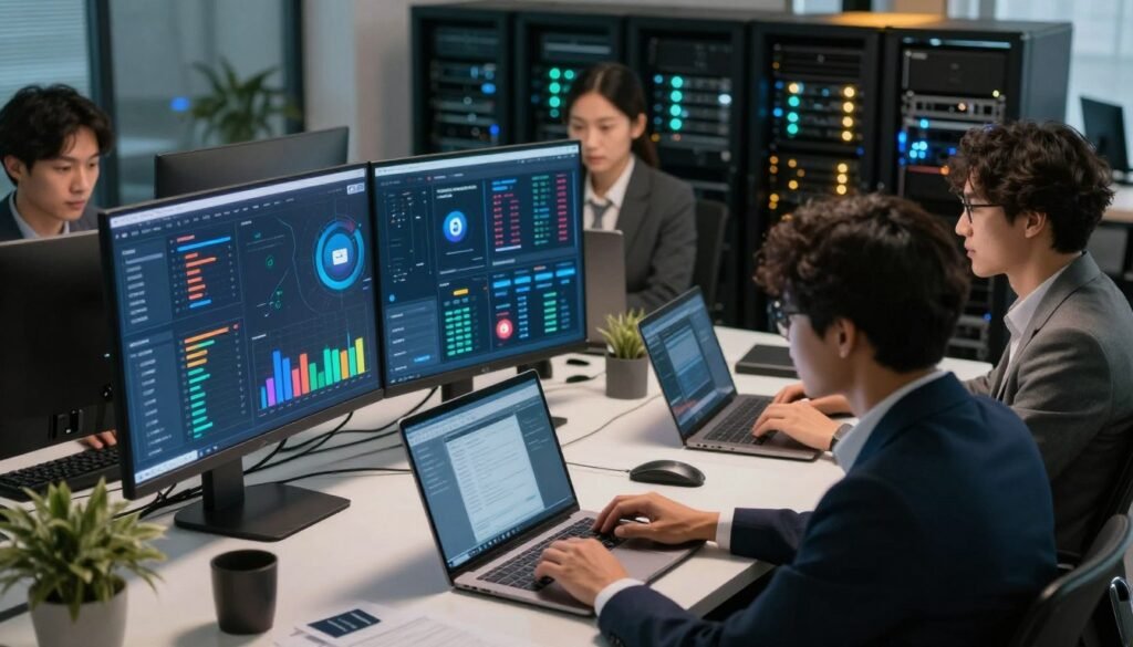 A modern web hosting service environment with a sleek office setting in the foreground, featuring a diverse group of professionals in business attire, focused on settings and managing server configurations on laptops. In the middle ground, display a large digital screen showcasing data analytics and performance metrics, with vibrant graphs and icons representing web hosting services. In the background, include server racks with blinking lights, symbolizing robust web hosting infrastructure. Use soft, warm lighting to create an inviting atmosphere, emphasizing teamwork and innovation. The angle should be slightly elevated, capturing the dynamic interaction among the team members and the tech-savvy environment, reinforcing the concept of reliable web hosting solutions. A modern web hosting service environment with a sleek office setting in the foreground, featuring a diverse group of professionals in business attire, focused on settings and managing server configurations on laptops. In the middle ground, display a large digital screen showcasing data analytics and performance metrics, with vibrant graphs and icons representing web hosting services. In the background, include server racks with blinking lights, symbolizing robust web hosting infrastructure. Use soft, warm lighting to create an inviting atmosphere, emphasizing teamwork and innovation. The angle should be slightly elevated, capturing the dynamic interaction among the team members and the tech-savvy environment, reinforcing the concept of reliable web hosting solutions.