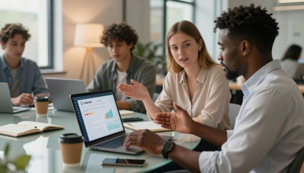A modern workspace featuring a diverse group of professionals discussing their user experiences with UltaHost web hosting services. In the foreground, a Caucasian woman in a business blouse and a Black man in a smart casual shirt are intently sharing their thoughts, gesturing towards a laptop displaying positive ratings and graphs. In the middle, a glass table is adorned with coffee cups, notebooks, and tech devices, signifying an engaging discussion. The background shows a cozy office environment with soft lighting through large windows, creating an inviting atmosphere. Use a warm color palette to enhance the feeling of authenticity and trust. The overall mood is collaborative and insightful, capturing the essence of users sharing genuine feedback. Ensure the image is professional and cohesive. A modern workspace featuring a diverse group of professionals discussing their user experiences with UltaHost web hosting services. In the foreground, a Caucasian woman in a business blouse and a Black man in a smart casual shirt are intently sharing their thoughts, gesturing towards a laptop displaying positive ratings and graphs. In the middle, a glass table is adorned with coffee cups, notebooks, and tech devices, signifying an engaging discussion. The background shows a cozy office environment with soft lighting through large windows, creating an inviting atmosphere. Use a warm color palette to enhance the feeling of authenticity and trust. The overall mood is collaborative and insightful, capturing the essence of users sharing genuine feedback. Ensure the image is professional and cohesive.