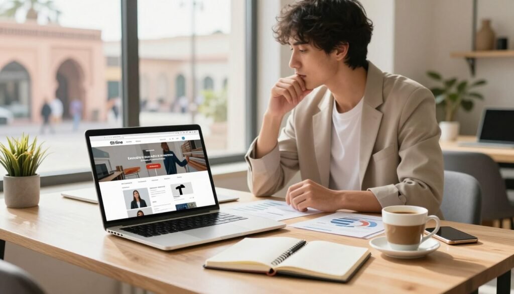 A modern workspace featuring a laptop displaying a website interface for an online store. In the foreground, a stylish desk made of light wood with a notebook, a cup of coffee, and a smartphone, conveying a productive atmosphere. In the middle ground, a professional individual, dressed in modest business attire, is engaged in thoughtful planning or brainstorming; they are surrounded by digital marketing materials. The background showcases a large window with soft natural light streaming in, revealing a serene outdoor view of a bustling Moroccan street. The scene is bright, fresh, and inviting, reflecting a sense of entrepreneurship and innovation in online business. Use a warm color palette to evoke optimism and ambition. A modern workspace featuring a laptop displaying a website interface for an online store. In the foreground, a stylish desk made of light wood with a notebook, a cup of coffee, and a smartphone, conveying a productive atmosphere. In the middle ground, a professional individual, dressed in modest business attire, is engaged in thoughtful planning or brainstorming; they are surrounded by digital marketing materials. The background showcases a large window with soft natural light streaming in, revealing a serene outdoor view of a bustling Moroccan street. The scene is bright, fresh, and inviting, reflecting a sense of entrepreneurship and innovation in online business. Use a warm color palette to evoke optimism and ambition.