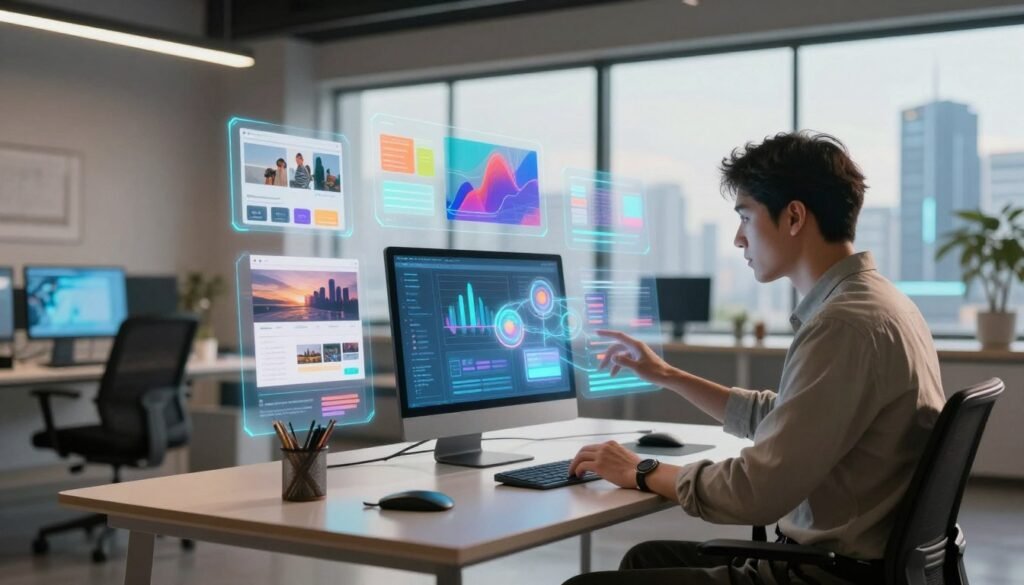 A modern workspace featuring a sleek computer setup on a minimalist desk, surrounded by floating holographic displays showcasing charts and design elements. In the foreground, a professional in smart casual attire, focused and engaged, interacts with the holograms, manipulating digital content. The middle layer has an array of vibrant visuals displaying web layouts and presentation slides, subtly illuminated to emphasize creativity. In the background, a large window allows natural light to flood the room, providing a panoramic view of a futuristic cityscape. The atmosphere is inspiring and innovative, with a blend of warm and cool lighting that creates a dynamic yet calming environment, suggesting a seamless integration of technology and artistry in the creation process. A modern workspace featuring a sleek computer setup on a minimalist desk, surrounded by floating holographic displays showcasing charts and design elements. In the foreground, a professional in smart casual attire, focused and engaged, interacts with the holograms, manipulating digital content. The middle layer has an array of vibrant visuals displaying web layouts and presentation slides, subtly illuminated to emphasize creativity. In the background, a large window allows natural light to flood the room, providing a panoramic view of a futuristic cityscape. The atmosphere is inspiring and innovative, with a blend of warm and cool lighting that creates a dynamic yet calming environment, suggesting a seamless integration of technology and artistry in the creation process.