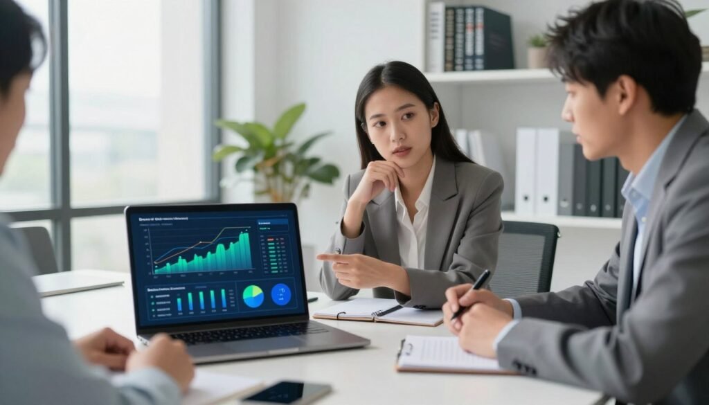 A modern workspace featuring a sleek conference table surrounded by professionals discussing data solutions, illuminated by soft, natural light from large windows. In the foreground, a high-tech laptop displays graphs and pricing models related to data proxy services, showcasing vibrant colors of blue and green representing analytics. The middle ground includes a thoughtful businesswoman in professional attire, pointing at the screen, while a businessman takes notes, both appearing engaged in the conversation. The background is a bright, minimalistic office with shelves of reference books about data quality, contributing to a collaborative and innovative atmosphere. Overall, the image should convey a sense of professionalism, clarity, and the importance of data-driven decision-making in business. A modern workspace featuring a sleek conference table surrounded by professionals discussing data solutions, illuminated by soft, natural light from large windows. In the foreground, a high-tech laptop displays graphs and pricing models related to data proxy services, showcasing vibrant colors of blue and green representing analytics. The middle ground includes a thoughtful businesswoman in professional attire, pointing at the screen, while a businessman takes notes, both appearing engaged in the conversation. The background is a bright, minimalistic office with shelves of reference books about data quality, contributing to a collaborative and innovative atmosphere. Overall, the image should convey a sense of professionalism, clarity, and the importance of data-driven decision-making in business.