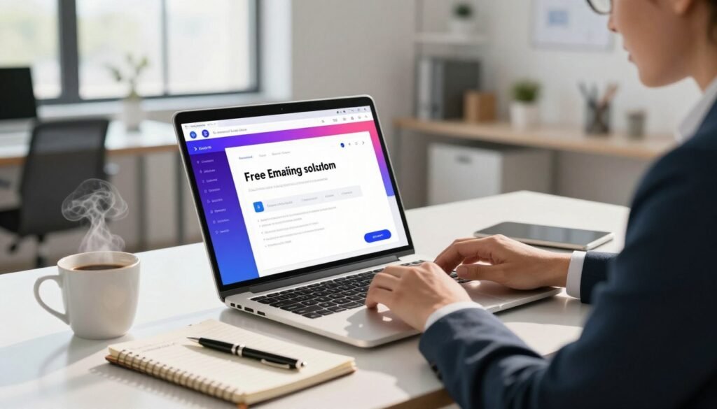 A modern workspace featuring an elegant laptop on a sleek desk, displaying a vibrant user interface of a cold emailing tool. In the foreground, a notepad with handwritten notes and a stylish pen rests alongside a steaming cup of coffee. The middle ground showcases a professional individual in business attire, focused on the laptop screen, exuding confidence and productivity. The background reveals a bright and airy office, accentuated by large windows allowing natural light to flood the room, casting soft shadows. The overall mood is dynamic and inspiring, emphasizing a blend of technology and business efficiency, with a focus on the innovative aspect of free cold mailing solutions. A modern workspace featuring an elegant laptop on a sleek desk, displaying a vibrant user interface of a cold emailing tool. In the foreground, a notepad with handwritten notes and a stylish pen rests alongside a steaming cup of coffee. The middle ground showcases a professional individual in business attire, focused on the laptop screen, exuding confidence and productivity. The background reveals a bright and airy office, accentuated by large windows allowing natural light to flood the room, casting soft shadows. The overall mood is dynamic and inspiring, emphasizing a blend of technology and business efficiency, with a focus on the innovative aspect of free cold mailing solutions.