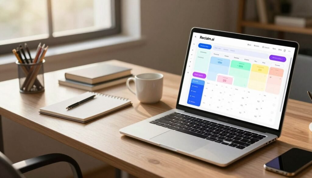 A modern workspace featuring an intelligent calendar interface showcasing various subscription plans and pricing tiers for Reclaim.ai. In the foreground, a sleek laptop displays a visually appealing and organized dashboard with colorful graphics representing different plans. In the middle, a stylish desk is cluttered with office supplies, a notepad, and a smartphone, exuding a productive atmosphere. The background features a large window with natural light filtering through, illuminating the room with a warm glow. The setting conveys a sense of focus and empowerment, ideal for professionals reclaiming control over their schedules. Capture the image from a slightly elevated angle to emphasize the laptop and the workspace details, creating an inviting and inspiring mood. A modern workspace featuring an intelligent calendar interface showcasing various subscription plans and pricing tiers for Reclaim.ai. In the foreground, a sleek laptop displays a visually appealing and organized dashboard with colorful graphics representing different plans. In the middle, a stylish desk is cluttered with office supplies, a notepad, and a smartphone, exuding a productive atmosphere. The background features a large window with natural light filtering through, illuminating the room with a warm glow. The setting conveys a sense of focus and empowerment, ideal for professionals reclaiming control over their schedules. Capture the image from a slightly elevated angle to emphasize the laptop and the workspace details, creating an inviting and inspiring mood.