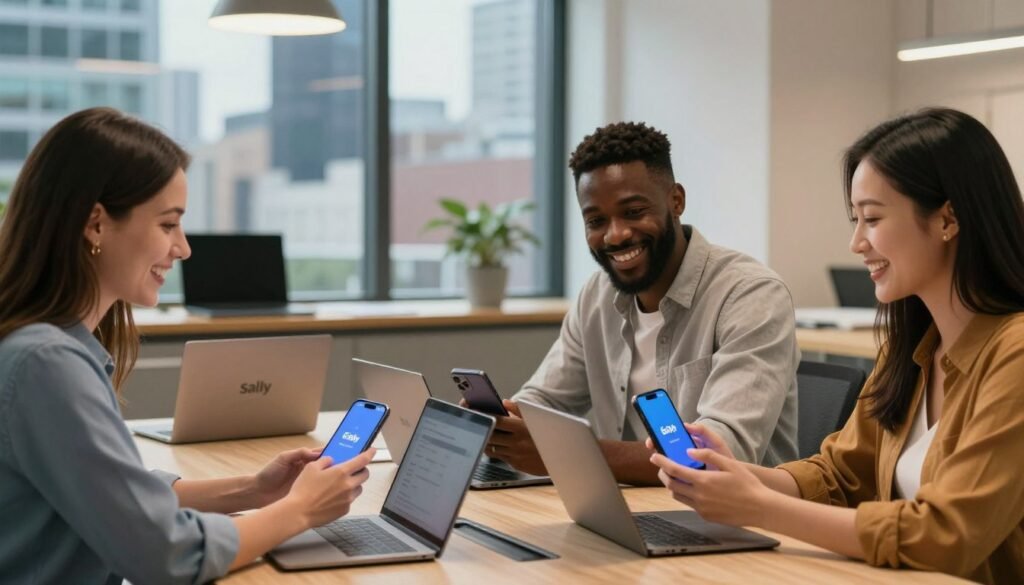 A modern workspace featuring satisfied customers engaged in a discussion about their experiences with the Saily eSIM. In the foreground, a diverse group of three professionals—one Caucasian woman, one Black man, and one Asian woman—are smiling and using their smartphones, showcasing connectivity and satisfaction. The middle ground includes a stylish conference table with laptops and Saily branding subtly featured on the devices. In the background, a large window reveals a vibrant cityscape, indicating global connectivity. Use warm, inviting lighting to create a friendly atmosphere, with a slight bokeh effect on the background to emphasize the subjects. The scene should convey a sense of community and positive feedback, reflecting user testimonials and the ease of global connection. A modern workspace featuring satisfied customers engaged in a discussion about their experiences with the Saily eSIM. In the foreground, a diverse group of three professionals—one Caucasian woman, one Black man, and one Asian woman—are smiling and using their smartphones, showcasing connectivity and satisfaction. The middle ground includes a stylish conference table with laptops and Saily branding subtly featured on the devices. In the background, a large window reveals a vibrant cityscape, indicating global connectivity. Use warm, inviting lighting to create a friendly atmosphere, with a slight bokeh effect on the background to emphasize the subjects. The scene should convey a sense of community and positive feedback, reflecting user testimonials and the ease of global connection.
