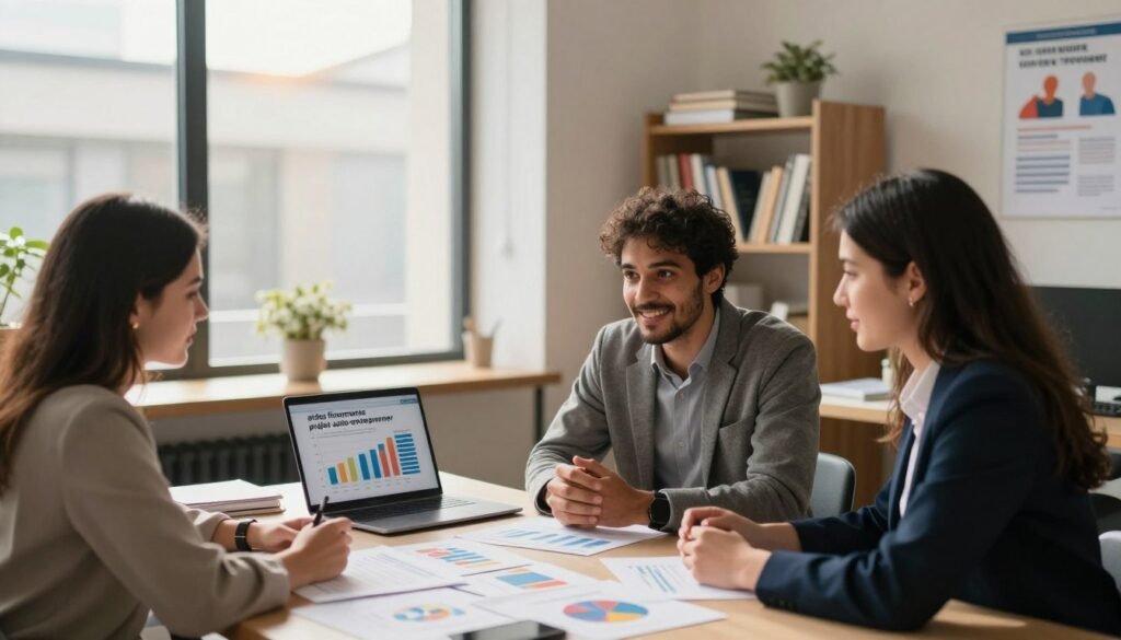 A modern workspace scene illustrating "aides financements projet auto-entrepreneur." In the foreground, a diverse group of three business professionals, a man and two women, are engaged in a focused discussion around a table filled with colorful graphs, financial documents, and a laptop displaying charts related to small business funding. The middle ground features a large window letting in warm, natural light that casts soft shadows, enhancing the professional atmosphere. In the background, a blurred bookshelf filled with finance books and motivational posters related to entrepreneurship can be seen. The mood is optimistic and collaborative, emphasizing support and resources for aspiring entrepreneurs. The scene should be depicted with a wide-angle lens perspective to give a spacious feel. A modern workspace scene illustrating "aides financements projet auto-entrepreneur." In the foreground, a diverse group of three business professionals, a man and two women, are engaged in a focused discussion around a table filled with colorful graphs, financial documents, and a laptop displaying charts related to small business funding. The middle ground features a large window letting in warm, natural light that casts soft shadows, enhancing the professional atmosphere. In the background, a blurred bookshelf filled with finance books and motivational posters related to entrepreneurship can be seen. The mood is optimistic and collaborative, emphasizing support and resources for aspiring entrepreneurs. The scene should be depicted with a wide-angle lens perspective to give a spacious feel.