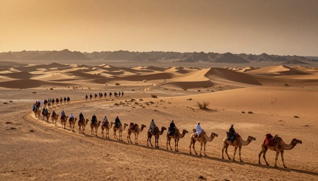 A panoramic view depicting the historic routes to the East traveled by Ibn Battuta, featuring a vibrant caravan traversing a sunlit, arid landscape. In the foreground, the caravan includes camels and travelers dressed in modest, traditional clothing, showcasing their cultural attire. The middle ground features undulating sand dunes and sparse desert vegetation, with paths that meander towards distant mountains. The background is filled with a golden-hued sky transitioning to twilight, casting warm light across the scene. The angle is slightly elevated, providing a sweeping view that emphasizes the vastness of the journey. The atmosphere is one of adventure and exploration, evoking a sense of wonder about ancient travel and the rich history of the Silk Road. A panoramic view depicting the historic routes to the East traveled by Ibn Battuta, featuring a vibrant caravan traversing a sunlit, arid landscape. In the foreground, the caravan includes camels and travelers dressed in modest, traditional clothing, showcasing their cultural attire. The middle ground features undulating sand dunes and sparse desert vegetation, with paths that meander towards distant mountains. The background is filled with a golden-hued sky transitioning to twilight, casting warm light across the scene. The angle is slightly elevated, providing a sweeping view that emphasizes the vastness of the journey. The atmosphere is one of adventure and exploration, evoking a sense of wonder about ancient travel and the rich history of the Silk Road.