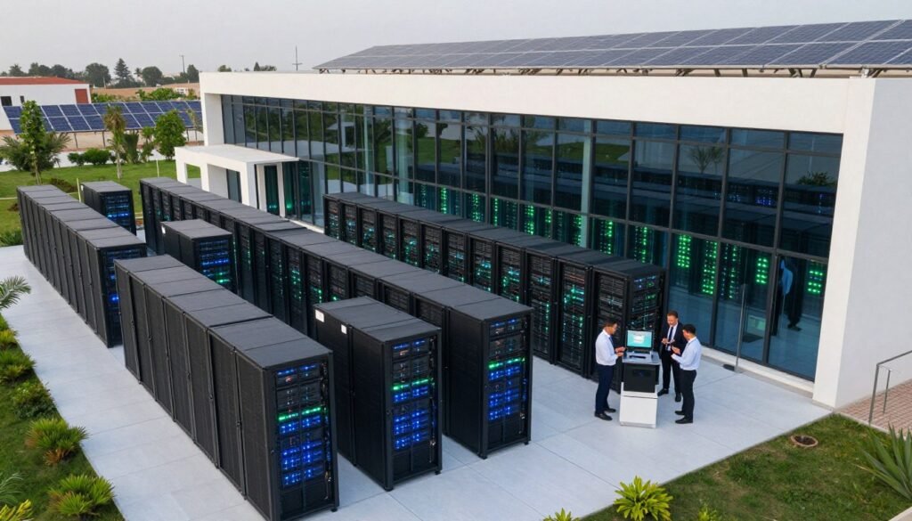 A panoramic view of a state-of-the-art North African data center facility, showcasing a modern, sleek design with large glass windows and contemporary architecture. In the foreground, neatly arranged rows of advanced server racks with LED lights glowing in blue and green. The middle ground features technicians in professional business attire monitoring equipment, collaborating on laptops, and engaged in discussions. The background reveals solar panels on the roof and lush greenery, symbolizing sustainability. The scene is illuminated with soft, natural lighting, highlighting the facility's innovative features. Capture this from a low-angle perspective to emphasize the height of the building, creating a sense of grandeur and importance in the realm of technology and data management. The atmosphere should convey professionalism, efficiency, and modernity. A panoramic view of a state-of-the-art North African data center facility, showcasing a modern, sleek design with large glass windows and contemporary architecture. In the foreground, neatly arranged rows of advanced server racks with LED lights glowing in blue and green. The middle ground features technicians in professional business attire monitoring equipment, collaborating on laptops, and engaged in discussions. The background reveals solar panels on the roof and lush greenery, symbolizing sustainability. The scene is illuminated with soft, natural lighting, highlighting the facility's innovative features. Capture this from a low-angle perspective to emphasize the height of the building, creating a sense of grandeur and importance in the realm of technology and data management. The atmosphere should convey professionalism, efficiency, and modernity.