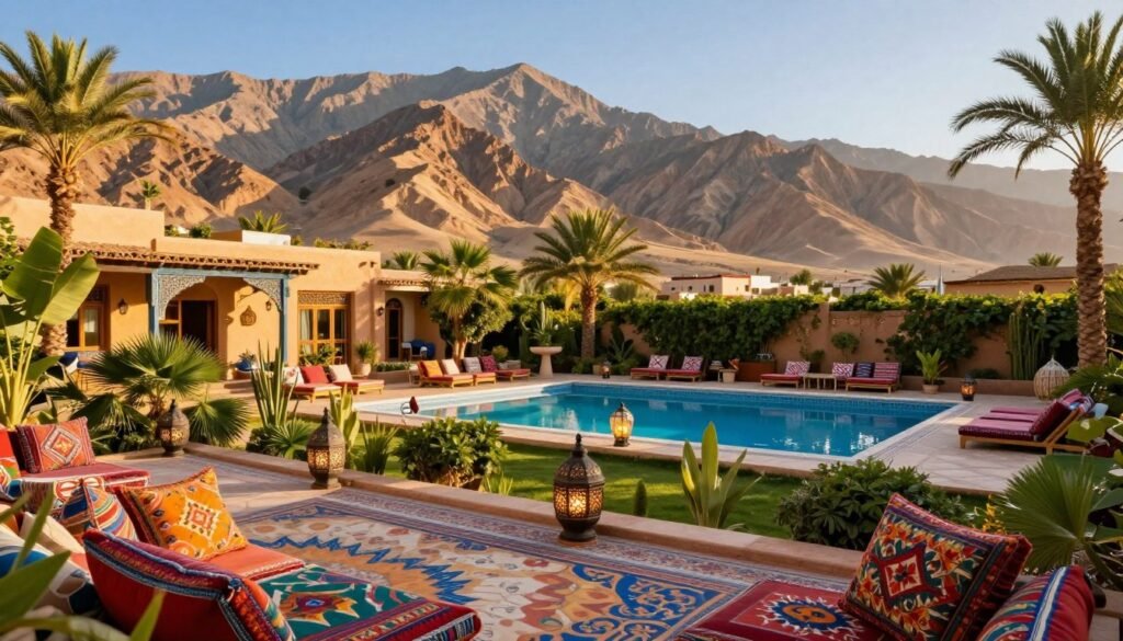 A picturesque Moroccan landscape showcasing a vibrant hotel or guesthouse, nestled amidst the stunning Atlas Mountains. In the foreground, a beautifully designed patio adorned with traditional Moroccan lanterns and colorful cushions invites relaxation. The middle ground features a charming pool area surrounded by lush greenery and palm trees, reflecting the warm sunlight. The background reveals the majestic mountains under a clear blue sky, with hints of traditional architecture visible in the distance. The atmosphere is serene yet inviting, suggesting a perfect getaway for tourists. The lighting is warm and golden, reminiscent of a late afternoon, enhancing the overall sense of tranquility and warmth in this idyllic setting. A picturesque Moroccan landscape showcasing a vibrant hotel or guesthouse, nestled amidst the stunning Atlas Mountains. In the foreground, a beautifully designed patio adorned with traditional Moroccan lanterns and colorful cushions invites relaxation. The middle ground features a charming pool area surrounded by lush greenery and palm trees, reflecting the warm sunlight. The background reveals the majestic mountains under a clear blue sky, with hints of traditional architecture visible in the distance. The atmosphere is serene yet inviting, suggesting a perfect getaway for tourists. The lighting is warm and golden, reminiscent of a late afternoon, enhancing the overall sense of tranquility and warmth in this idyllic setting.