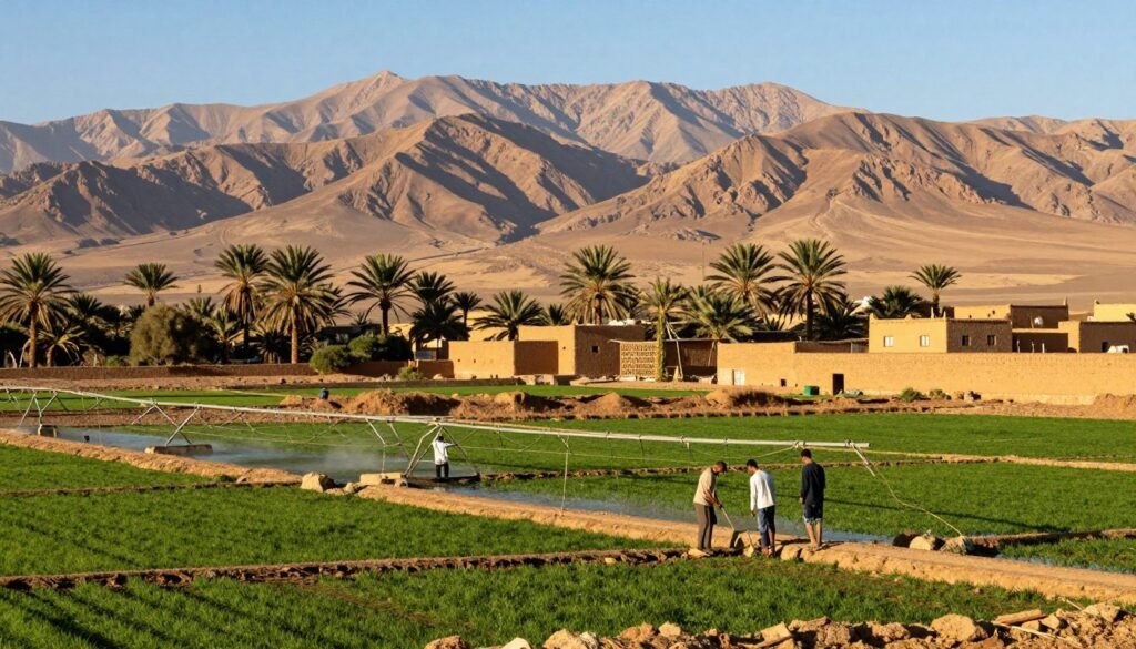 A picturesque landscape showcasing the challenges of water irrigation in Morocco. In the foreground, vibrant green irrigated fields contrast with the arid environment, featuring farmers in modest attire diligently working on their land. In the middle ground, traditional mud-brick houses can be seen, surrounded by date palms and sparse vegetation, illustrating the harsh climate and water scarcity. The background captures the majestic Atlas Mountains under a clear blue sky, symbolizing both beauty and the struggle for resources. Warm sunlight casts a golden hue over the scene, creating a hopeful yet challenging atmosphere. The image should convey resilience and the importance of sustainable water practices, shot from a slightly elevated angle to encompass the entire landscape. A picturesque landscape showcasing the challenges of water irrigation in Morocco. In the foreground, vibrant green irrigated fields contrast with the arid environment, featuring farmers in modest attire diligently working on their land. In the middle ground, traditional mud-brick houses can be seen, surrounded by date palms and sparse vegetation, illustrating the harsh climate and water scarcity. The background captures the majestic Atlas Mountains under a clear blue sky, symbolizing both beauty and the struggle for resources. Warm sunlight casts a golden hue over the scene, creating a hopeful yet challenging atmosphere. The image should convey resilience and the importance of sustainable water practices, shot from a slightly elevated angle to encompass the entire landscape.