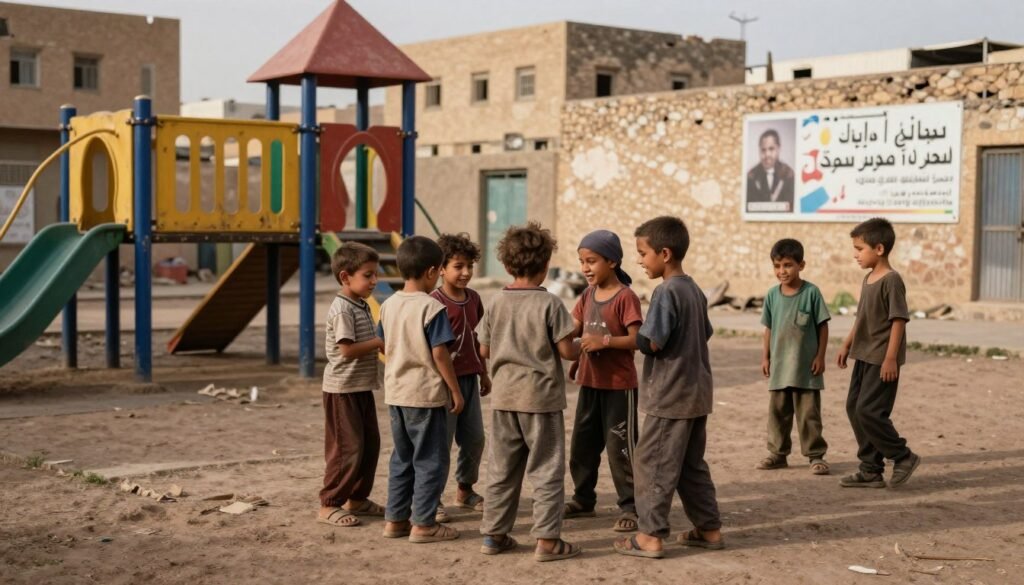 A poignant scene capturing the essence of childhood vulnerability in Morocco, set in an urban context. In the foreground, a group of children of diverse backgrounds, wearing modest casual clothing, play together, showcasing joy and resilience amid their circumstances. The middle ground features a worn but colorful playground, symbolizing both hope and the challenges faced by the youth. In the background, traditional Moroccan architecture contrasts with signs of socioeconomic struggle, like dilapidated buildings. Soft, warm natural light illuminates the scene, casting gentle shadows that enhance the emotional depth. The atmosphere is a blend of determination and sadness, highlighting the urgent need for support and advocacy for children's rights in Morocco. A poignant scene capturing the essence of childhood vulnerability in Morocco, set in an urban context. In the foreground, a group of children of diverse backgrounds, wearing modest casual clothing, play together, showcasing joy and resilience amid their circumstances. The middle ground features a worn but colorful playground, symbolizing both hope and the challenges faced by the youth. In the background, traditional Moroccan architecture contrasts with signs of socioeconomic struggle, like dilapidated buildings. Soft, warm natural light illuminates the scene, casting gentle shadows that enhance the emotional depth. The atmosphere is a blend of determination and sadness, highlighting the urgent need for support and advocacy for children's rights in Morocco.