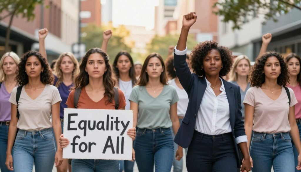 A powerful scene depicting a diverse group of women standing united against gender-based violence, showcasing their strength and resilience. In the foreground, a Black woman in professional attire passionately raises her fist, symbolizing empowerment. Beside her, a Latina woman holds a hand-painted sign reading "Equality for All," emphasizing the call for change. In the middle ground, various women of different ages and ethnic backgrounds join hands, symbolizing solidarity. The background features a vibrant urban setting, with soft daylight filtering through, casting a warm glow. The overall atmosphere is one of hope and determination, captured with a wide-angle lens to emphasize the group’s unity. The focus sharpens on the women, while the background remains slightly blurred, allowing the message of empowerment to take center stage. A powerful scene depicting a diverse group of women standing united against gender-based violence, showcasing their strength and resilience. In the foreground, a Black woman in professional attire passionately raises her fist, symbolizing empowerment. Beside her, a Latina woman holds a hand-painted sign reading "Equality for All," emphasizing the call for change. In the middle ground, various women of different ages and ethnic backgrounds join hands, symbolizing solidarity. The background features a vibrant urban setting, with soft daylight filtering through, casting a warm glow. The overall atmosphere is one of hope and determination, captured with a wide-angle lens to emphasize the group’s unity. The focus sharpens on the women, while the background remains slightly blurred, allowing the message of empowerment to take center stage.