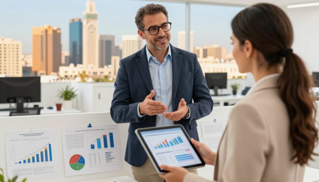 A professional Moroccan business angel, a middle-aged man with a confident demeanor, wearing a smart blazer and glasses, discussing investment opportunities with a vibrant cityscape of Casablanca in the background. In the foreground, a young entrepreneur, a woman in business attire, holds a tablet displaying financial data, showcasing innovation and ambition. The middle layer consists of a modern office environment filled with charts and documents that highlight economic growth and startup potential in Morocco. The lighting is bright and warm, conveying a sense of hope and collaboration. The scene captures a dynamic and forward-thinking atmosphere, reflecting the collaborative spirit of business investment in Morocco. A professional Moroccan business angel, a middle-aged man with a confident demeanor, wearing a smart blazer and glasses, discussing investment opportunities with a vibrant cityscape of Casablanca in the background. In the foreground, a young entrepreneur, a woman in business attire, holds a tablet displaying financial data, showcasing innovation and ambition. The middle layer consists of a modern office environment filled with charts and documents that highlight economic growth and startup potential in Morocco. The lighting is bright and warm, conveying a sense of hope and collaboration. The scene captures a dynamic and forward-thinking atmosphere, reflecting the collaborative spirit of business investment in Morocco.