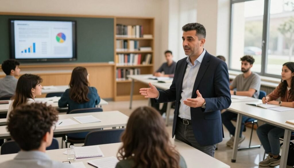 A professional, academic scene depicting Rachid Guerraoui in a modern university classroom. In the foreground, a confident middle-aged Moroccan man with short, neatly styled hair is dressed in smart business attire, engaging in a discussion with a diverse group of students seated at contemporary desks. In the middle background, shelves filled with academic books and research papers, alongside a digital display featuring graphs and statistics, indicate a focus on educational achievements. The atmosphere is vibrant yet studious, with warm, natural lighting streaming through large windows, casting soft shadows. Use a slightly elevated angle to capture the dynamic interaction, emphasizing the importance of academic and professional growth. A professional, academic scene depicting Rachid Guerraoui in a modern university classroom. In the foreground, a confident middle-aged Moroccan man with short, neatly styled hair is dressed in smart business attire, engaging in a discussion with a diverse group of students seated at contemporary desks. In the middle background, shelves filled with academic books and research papers, alongside a digital display featuring graphs and statistics, indicate a focus on educational achievements. The atmosphere is vibrant yet studious, with warm, natural lighting streaming through large windows, casting soft shadows. Use a slightly elevated angle to capture the dynamic interaction, emphasizing the importance of academic and professional growth.