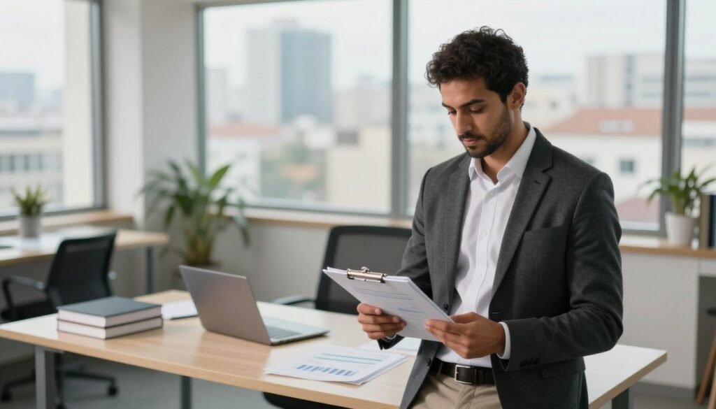 A professional accountant standing confidently in a modern office space, showcasing a blend of ambition and competence. In the foreground, the accountant, a Moroccan male in smart business attire, holds a clipboard with financial graphs, focusing intently on the data. In the middle ground, a sleek desk is adorned with a laptop and accounting books, creating an environment of productivity. The background features a large window with a view of a bustling cityscape, suggesting growth and opportunity. Soft, natural lighting filters in, illuminating the space while giving a warm, inviting atmosphere. Capture this scene with a slightly elevated angle to provide depth, ensuring a professional and optimistic mood reflects the career advancement and professional evolution theme. A professional accountant standing confidently in a modern office space, showcasing a blend of ambition and competence. In the foreground, the accountant, a Moroccan male in smart business attire, holds a clipboard with financial graphs, focusing intently on the data. In the middle ground, a sleek desk is adorned with a laptop and accounting books, creating an environment of productivity. The background features a large window with a view of a bustling cityscape, suggesting growth and opportunity. Soft, natural lighting filters in, illuminating the space while giving a warm, inviting atmosphere. Capture this scene with a slightly elevated angle to provide depth, ensuring a professional and optimistic mood reflects the career advancement and professional evolution theme.