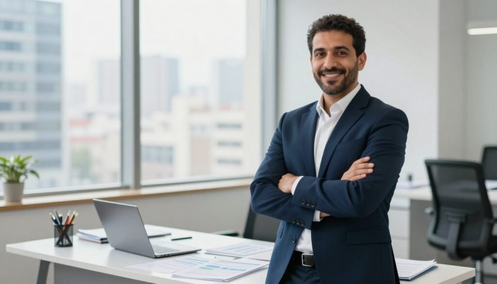 A professional accountant's profile in a modern office. In the foreground, a confident individual in formal business attire stands with arms crossed, exuding professionalism. The subject is a middle-aged Moroccan man with a friendly smile, dressed in a tailored navy suit and a white shirt, complementing the sophisticated environment. In the middle ground, a sleek desk cluttered with financial documents and a laptop, signifying the complexity of the accountant’s role. In the background, large windows reveal a bustling cityscape, providing a sense of location and context. The lighting is bright and natural, casting a soft glow that enhances the atmosphere of diligence and expertise. The overall mood conveys confidence, professionalism, and readiness for challenges in the accounting field. A professional accountant's profile in a modern office. In the foreground, a confident individual in formal business attire stands with arms crossed, exuding professionalism. The subject is a middle-aged Moroccan man with a friendly smile, dressed in a tailored navy suit and a white shirt, complementing the sophisticated environment. In the middle ground, a sleek desk cluttered with financial documents and a laptop, signifying the complexity of the accountant’s role. In the background, large windows reveal a bustling cityscape, providing a sense of location and context. The lighting is bright and natural, casting a soft glow that enhances the atmosphere of diligence and expertise. The overall mood conveys confidence, professionalism, and readiness for challenges in the accounting field.