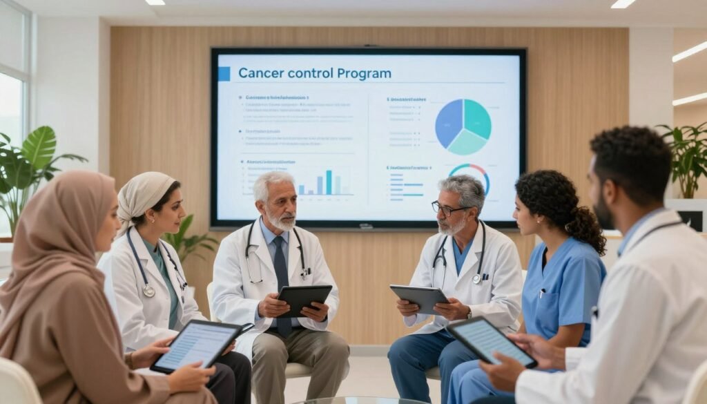 A professional and inviting scene illustrating a comprehensive cancer control program in Morocco. In the foreground, a diverse group of healthcare professionals, including doctors and nurses, are engaged in discussion while examining cancer data on tablets, dressed in modest professional attire. In the middle ground, a large digital screen displays statistics and infographics related to cancer care initiatives, with soft lighting reflecting an atmosphere of collaboration and hope. The background features a modern healthcare facility, showcasing green plants and natural light to symbolize growth and recovery. Use a wide-angle lens perspective to capture the entire scene, evoking a mood of teamwork and dedication toward combating cancer within the community. The overall lighting should be bright yet warm, conveying optimism and compassion. A professional and inviting scene illustrating a comprehensive cancer control program in Morocco. In the foreground, a diverse group of healthcare professionals, including doctors and nurses, are engaged in discussion while examining cancer data on tablets, dressed in modest professional attire. In the middle ground, a large digital screen displays statistics and infographics related to cancer care initiatives, with soft lighting reflecting an atmosphere of collaboration and hope. The background features a modern healthcare facility, showcasing green plants and natural light to symbolize growth and recovery. Use a wide-angle lens perspective to capture the entire scene, evoking a mood of teamwork and dedication toward combating cancer within the community. The overall lighting should be bright yet warm, conveying optimism and compassion.