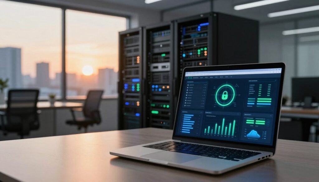A professional and secure WordPress hosting environment. In the foreground, a sleek modern laptop displays a digital dashboard filled with cybersecurity metrics and analytics, illuminated by soft blue and green lights. The middle section features a full server rack with LED indicators showing healthy performance, symbolizing robust security measures. In the background, a serene office setting with a large window showcasing a city skyline at sunset, casting warm golden light, creates an inviting yet professional atmosphere. The overall mood conveys a sense of trust and reliability in web hosting. The image should be well-composed with a balanced focus, ideally captured from a slightly elevated angle to provide depth. A professional and secure WordPress hosting environment. In the foreground, a sleek modern laptop displays a digital dashboard filled with cybersecurity metrics and analytics, illuminated by soft blue and green lights. The middle section features a full server rack with LED indicators showing healthy performance, symbolizing robust security measures. In the background, a serene office setting with a large window showcasing a city skyline at sunset, casting warm golden light, creates an inviting yet professional atmosphere. The overall mood conveys a sense of trust and reliability in web hosting. The image should be well-composed with a balanced focus, ideally captured from a slightly elevated angle to provide depth.