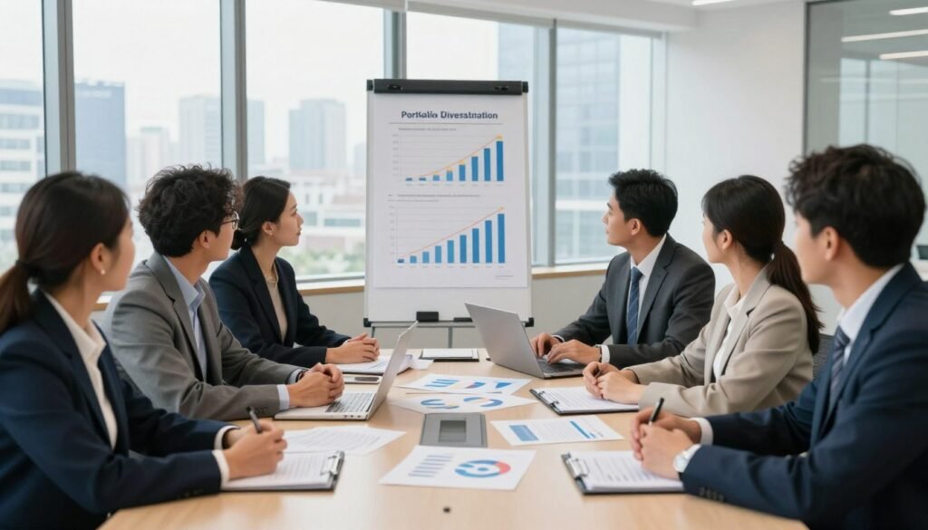 A professional business meeting focused on investment in startups, set in a modern conference room. In the foreground, a diverse group of professionals, dressed in business attire, are engaged in a discussion around a large table filled with charts and financial reports. In the middle ground, a flip chart displays graphs illustrating portfolio diversification and risk management strategies related to startup investments. The background features large windows with a city skyline view, providing natural light that creates a bright and optimistic atmosphere. The overall mood is one of collaboration and strategic planning, capturing the essence of navigating challenges and risks associated with investing in startups. The image should be well-lit, with a focus on the dynamic interactions among the participants. A professional business meeting focused on investment in startups, set in a modern conference room. In the foreground, a diverse group of professionals, dressed in business attire, are engaged in a discussion around a large table filled with charts and financial reports. In the middle ground, a flip chart displays graphs illustrating portfolio diversification and risk management strategies related to startup investments. The background features large windows with a city skyline view, providing natural light that creates a bright and optimistic atmosphere. The overall mood is one of collaboration and strategic planning, capturing the essence of navigating challenges and risks associated with investing in startups. The image should be well-lit, with a focus on the dynamic interactions among the participants.