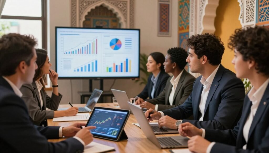 A professional business meeting scene set in a modern Moroccan office, showcasing a diverse group of individuals in professional attire engaged in deep discussion. In the foreground, a Moroccan entrepreneur in a suit is analyzing market data on a digital tablet, while the middle ground features a large screen displaying various graphs and charts related to market analysis. The background highlights intricate Moroccan architecture and vibrant colors, creating a culturally rich environment. Soft, natural lighting filters in through large windows, casting a warm glow throughout the room. The mood is focused and collaborative, reflecting the essence of successful entrepreneurship. Capture a dynamic angle that emphasizes both the individuals and the technology involved in market analysis. A professional business meeting scene set in a modern Moroccan office, showcasing a diverse group of individuals in professional attire engaged in deep discussion. In the foreground, a Moroccan entrepreneur in a suit is analyzing market data on a digital tablet, while the middle ground features a large screen displaying various graphs and charts related to market analysis. The background highlights intricate Moroccan architecture and vibrant colors, creating a culturally rich environment. Soft, natural lighting filters in through large windows, casting a warm glow throughout the room. The mood is focused and collaborative, reflecting the essence of successful entrepreneurship. Capture a dynamic angle that emphasizes both the individuals and the technology involved in market analysis.