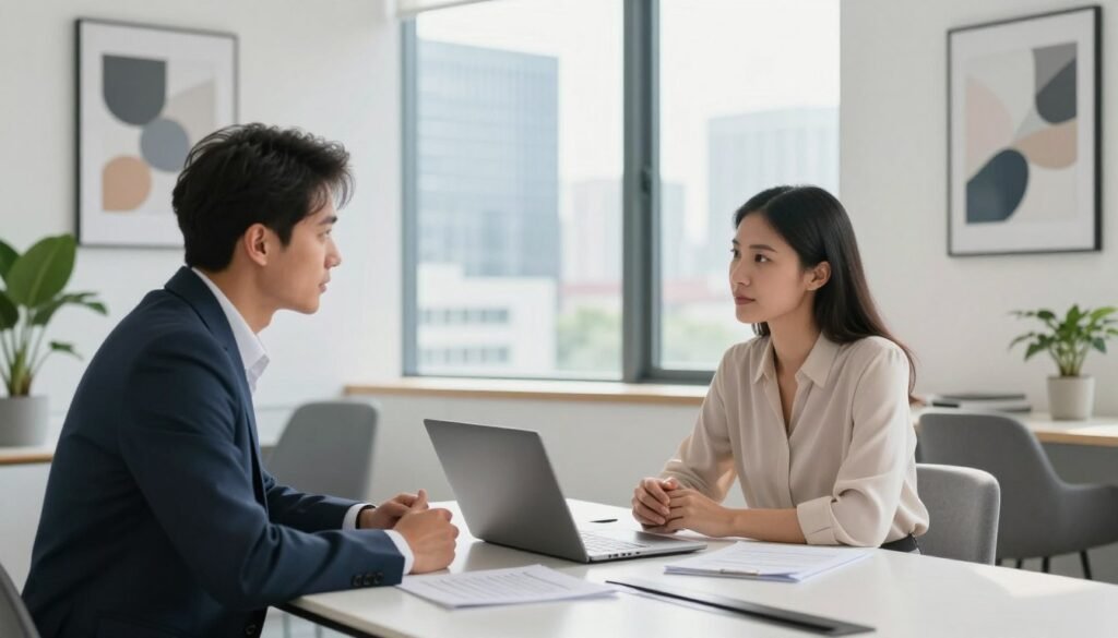 A professional business meeting scene showcasing two diverse individuals negotiating the sale price of an online business. In the foreground, a focused man in a sharp suit and a confident woman in a smart blouse are seated at a sleek conference table with a laptop and documents spread out between them, illustrating the negotiation process. In the middle ground, a large window offers a view of a modern urban skyline, with natural light flooding the room, creating a bright and open atmosphere. The background features a minimalist office decor with abstract art on the walls and potted plants, enhancing the professionalism of the setting. The overall mood conveys determination and collaboration in a corporate environment. A professional business meeting scene showcasing two diverse individuals negotiating the sale price of an online business. In the foreground, a focused man in a sharp suit and a confident woman in a smart blouse are seated at a sleek conference table with a laptop and documents spread out between them, illustrating the negotiation process. In the middle ground, a large window offers a view of a modern urban skyline, with natural light flooding the room, creating a bright and open atmosphere. The background features a minimalist office decor with abstract art on the walls and potted plants, enhancing the professionalism of the setting. The overall mood conveys determination and collaboration in a corporate environment.
