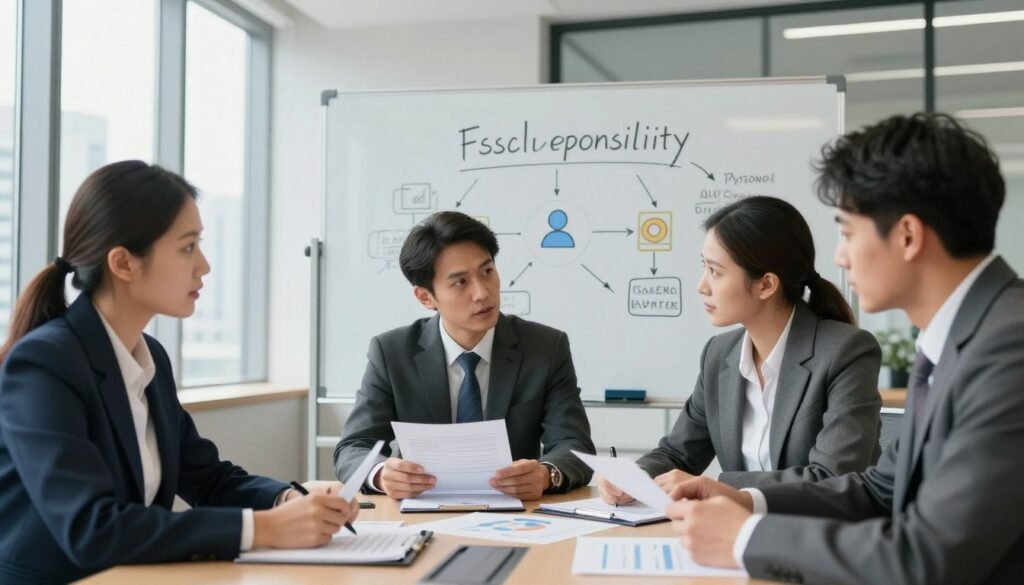A professional business setting showcasing the concepts of fiscal responsibility and legal status. In the foreground, a diverse group of three individuals in business attire, engaged in a serious discussion while analyzing financial documents and charts on a conference table. The middle ground features a whiteboard filled with diagrams illustrating fiscal implications, like taxes and liabilities indicated with arrows and icons. In the background, large windows allow natural light to flood the room, revealing a modern cityscape, promoting an atmosphere of professionalism and clarity. The overall mood is focused and analytical, with neutral tones and a tidy, organized environment. A professional business setting showcasing the concepts of fiscal responsibility and legal status. In the foreground, a diverse group of three individuals in business attire, engaged in a serious discussion while analyzing financial documents and charts on a conference table. The middle ground features a whiteboard filled with diagrams illustrating fiscal implications, like taxes and liabilities indicated with arrows and icons. In the background, large windows allow natural light to flood the room, revealing a modern cityscape, promoting an atmosphere of professionalism and clarity. The overall mood is focused and analytical, with neutral tones and a tidy, organized environment.