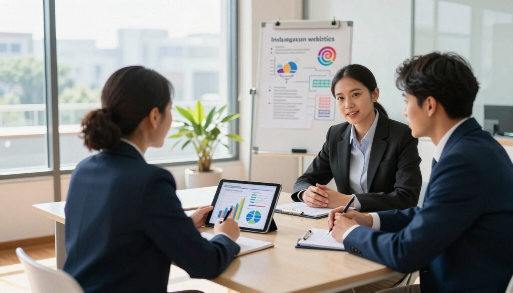 A professional business setting with a bright and inviting atmosphere. In the foreground, a diverse group of three individuals in business attire are seated around a sleek conference table, appearing engaged in a discussion. One person holds a tablet displaying graph charts related to cancellation policies and refund terms, while another takes notes. The middle ground features a modern office environment with large windows allowing natural light to flood in, casting soft shadows on the polished wooden floor. In the background, a whiteboard with diagrams and bullet points about Instagram refund policies is visible. The mood is focused and collaborative, highlighting the importance of clear communication in business. The image should convey professionalism and clarity, with vibrant colors that enhance a sense of optimism and growth. A professional business setting with a bright and inviting atmosphere. In the foreground, a diverse group of three individuals in business attire are seated around a sleek conference table, appearing engaged in a discussion. One person holds a tablet displaying graph charts related to cancellation policies and refund terms, while another takes notes. The middle ground features a modern office environment with large windows allowing natural light to flood in, casting soft shadows on the polished wooden floor. In the background, a whiteboard with diagrams and bullet points about Instagram refund policies is visible. The mood is focused and collaborative, highlighting the importance of clear communication in business. The image should convey professionalism and clarity, with vibrant colors that enhance a sense of optimism and growth.