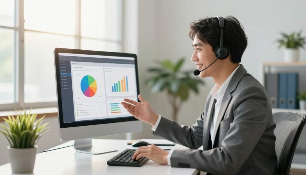 A professional customer service representative attentively assisting a client, sitting at a modern desk with a computer in a bright, inviting office environment. In the foreground, the representative, a young professional in business attire, is engaged in a friendly conversation, showcasing a warm smile and focused demeanor. In the middle ground, a large screen displays a customer support interface with colorful graphs and chat windows, emphasizing real-time assistance. The background features soft natural lighting streaming through large windows, casting a glow over indoor plants that enhance the atmosphere of a supportive workspace. The overall mood is positive and encouraging, reflecting a dedicated and responsive client support experience. A professional customer service representative attentively assisting a client, sitting at a modern desk with a computer in a bright, inviting office environment. In the foreground, the representative, a young professional in business attire, is engaged in a friendly conversation, showcasing a warm smile and focused demeanor. In the middle ground, a large screen displays a customer support interface with colorful graphs and chat windows, emphasizing real-time assistance. The background features soft natural lighting streaming through large windows, casting a glow over indoor plants that enhance the atmosphere of a supportive workspace. The overall mood is positive and encouraging, reflecting a dedicated and responsive client support experience.