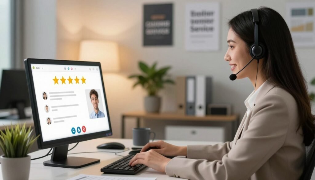 A professional customer support representative sitting at a modern desk, interacting with a satisfied customer over a video call. In the foreground, display a bright computer screen showing a five-star rating graphic along with positive feedback icons. The middle ground features the representative, a young woman in smart business attire, smiling as she listens attentively. In the background, a well-organized office with warm lighting, a plant, and motivational posters that represent excellent customer service ideals. The atmosphere is friendly and inviting, evoking a sense of trust and support. Use a soft focus depth of field to highlight the interaction while softly blurring the background elements, creating a warm, approachable feel. A professional customer support representative sitting at a modern desk, interacting with a satisfied customer over a video call. In the foreground, display a bright computer screen showing a five-star rating graphic along with positive feedback icons. The middle ground features the representative, a young woman in smart business attire, smiling as she listens attentively. In the background, a well-organized office with warm lighting, a plant, and motivational posters that represent excellent customer service ideals. The atmosphere is friendly and inviting, evoking a sense of trust and support. Use a soft focus depth of field to highlight the interaction while softly blurring the background elements, creating a warm, approachable feel.