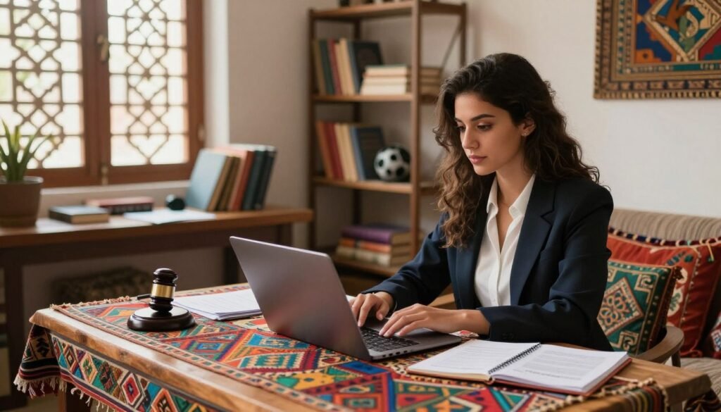 A professional freelance workspace featuring a Moroccan-inspired décor. In the foreground, a focused young woman, dressed in smart casual attire, is working on a laptop surrounded by legal documents and a notebook. She is seated at a wooden desk adorned with colorful Moroccan textiles. In the middle ground, shelves filled with books and freelance tools add depth. The background showcases a window with soft, natural lighting filtering through intricate lattice work, casting beautiful shadows. The atmosphere feels vibrant yet serene, reflecting the balance between creativity and professionalism in the freelance world. The angle captures the essence of determination and the legal obligations associated with freelancing in Morocco. A professional freelance workspace featuring a Moroccan-inspired décor. In the foreground, a focused young woman, dressed in smart casual attire, is working on a laptop surrounded by legal documents and a notebook. She is seated at a wooden desk adorned with colorful Moroccan textiles. In the middle ground, shelves filled with books and freelance tools add depth. The background showcases a window with soft, natural lighting filtering through intricate lattice work, casting beautiful shadows. The atmosphere feels vibrant yet serene, reflecting the balance between creativity and professionalism in the freelance world. The angle captures the essence of determination and the legal obligations associated with freelancing in Morocco.
