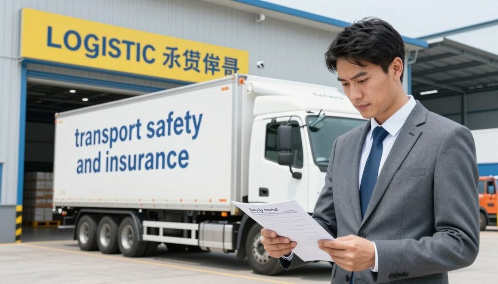 A professional logistics scene illustrating "transport safety and insurance." In the foreground, a confident logistics manager in business attire examines shipping documents, with focus on security protocols. The middle ground features a modern cargo truck loaded with goods, parked safely in a well-organized transport hub. In the background, a secure warehouse facility is visible, complete with surveillance cameras and bright, clear signage emphasizing safety regulations. The lighting is bright and clear, creating an atmosphere of professionalism and reliability, with a slight focus on the logistics manager to convey leadership. The angle is slightly elevated to capture the entire scene effectively, illuminating the importance of safety in transportation operations. A professional logistics scene illustrating "transport safety and insurance." In the foreground, a confident logistics manager in business attire examines shipping documents, with focus on security protocols. The middle ground features a modern cargo truck loaded with goods, parked safely in a well-organized transport hub. In the background, a secure warehouse facility is visible, complete with surveillance cameras and bright, clear signage emphasizing safety regulations. The lighting is bright and clear, creating an atmosphere of professionalism and reliability, with a slight focus on the logistics manager to convey leadership. The angle is slightly elevated to capture the entire scene effectively, illuminating the importance of safety in transportation operations.