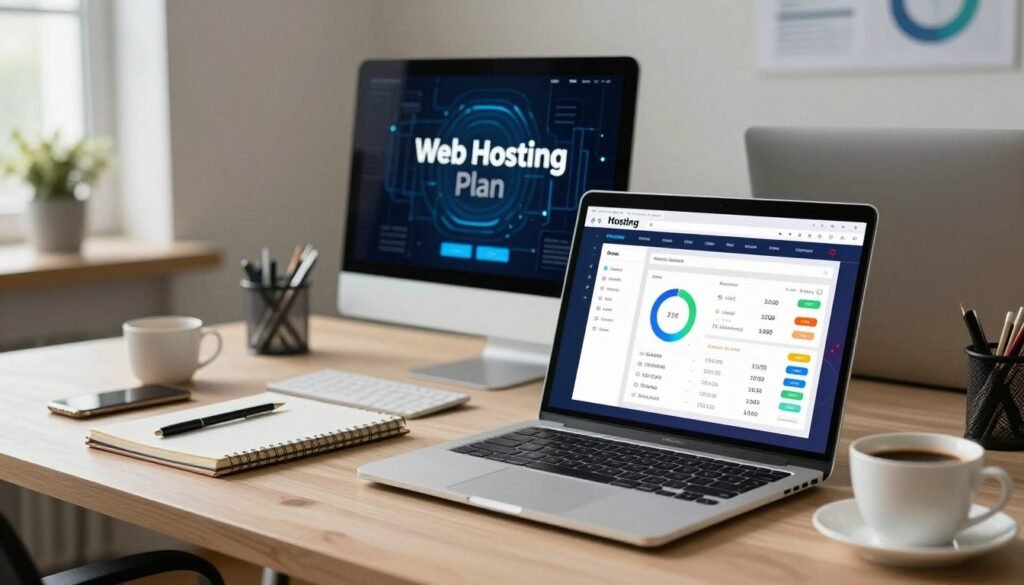 A professional-looking display showcasing a variety of web hosting plan details, beautifully arranged on a modern digital workspace. In the foreground, a sleek laptop computer shows a vibrant, user-friendly interface with colorful charts and pricing options. Surrounding the laptop, a stylish notebook and a cup of coffee add a touch of inspiration. In the middle, a light wooden desk features subtle tech accessories like a smartphone and a pen, representing an organized workspace. The background consists of a soft-focus office environment, with abstract tech-oriented decorations that evoke a sense of reliability and innovation. Soft, natural lighting filters in from a nearby window, creating an inviting and professional atmosphere perfect for discussing hosting plans. A professional-looking display showcasing a variety of web hosting plan details, beautifully arranged on a modern digital workspace. In the foreground, a sleek laptop computer shows a vibrant, user-friendly interface with colorful charts and pricing options. Surrounding the laptop, a stylish notebook and a cup of coffee add a touch of inspiration. In the middle, a light wooden desk features subtle tech accessories like a smartphone and a pen, representing an organized workspace. The background consists of a soft-focus office environment, with abstract tech-oriented decorations that evoke a sense of reliability and innovation. Soft, natural lighting filters in from a nearby window, creating an inviting and professional atmosphere perfect for discussing hosting plans.