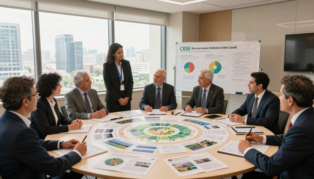 A professional meeting room illuminated by natural light filtering through large windows, where a diverse group of business professionals, dressed in formal attire, collaborate on a circular economy project. In the foreground, a round table is filled with reports and visuals showcasing sustainable practices. In the middle ground, a whiteboard displays charts and diagrams relevant to national political actions involving the CESE (Economic, Social, and Environmental Council). The background features a large cityscape through the windows, emphasizing a contemporary urban setting. The atmosphere is energetic and focused, reflecting a commitment to innovative solutions for Morocco's circular economy challenges, with a warm and inviting color palette enhancing engagement and collaboration. A professional meeting room illuminated by natural light filtering through large windows, where a diverse group of business professionals, dressed in formal attire, collaborate on a circular economy project. In the foreground, a round table is filled with reports and visuals showcasing sustainable practices. In the middle ground, a whiteboard displays charts and diagrams relevant to national political actions involving the CESE (Economic, Social, and Environmental Council). The background features a large cityscape through the windows, emphasizing a contemporary urban setting. The atmosphere is energetic and focused, reflecting a commitment to innovative solutions for Morocco's circular economy challenges, with a warm and inviting color palette enhancing engagement and collaboration.