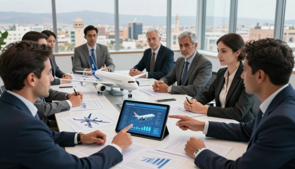 A professional meeting setting showcasing models of financing in the aviation industry in Morocco. In the foreground, a diverse group of business professionals engaged in a discussion, all dressed in smart business attire, pointing at a digital tablet displaying innovative financing graphs and aircraft designs. In the middle, a stylish conference table filled with aviation concept sketches and financial reports, with a modern aircraft model placed prominently. In the background, sleek windows showing a panoramic view of a Moroccan city skyline with distant mountains. Soft, natural lighting enhances the atmosphere, creating a sense of collaboration and innovation. The angle is slightly elevated, giving a comprehensive view of the scene while maintaining focus on the participants and their discussions. A professional meeting setting showcasing models of financing in the aviation industry in Morocco. In the foreground, a diverse group of business professionals engaged in a discussion, all dressed in smart business attire, pointing at a digital tablet displaying innovative financing graphs and aircraft designs. In the middle, a stylish conference table filled with aviation concept sketches and financial reports, with a modern aircraft model placed prominently. In the background, sleek windows showing a panoramic view of a Moroccan city skyline with distant mountains. Soft, natural lighting enhances the atmosphere, creating a sense of collaboration and innovation. The angle is slightly elevated, giving a comprehensive view of the scene while maintaining focus on the participants and their discussions.